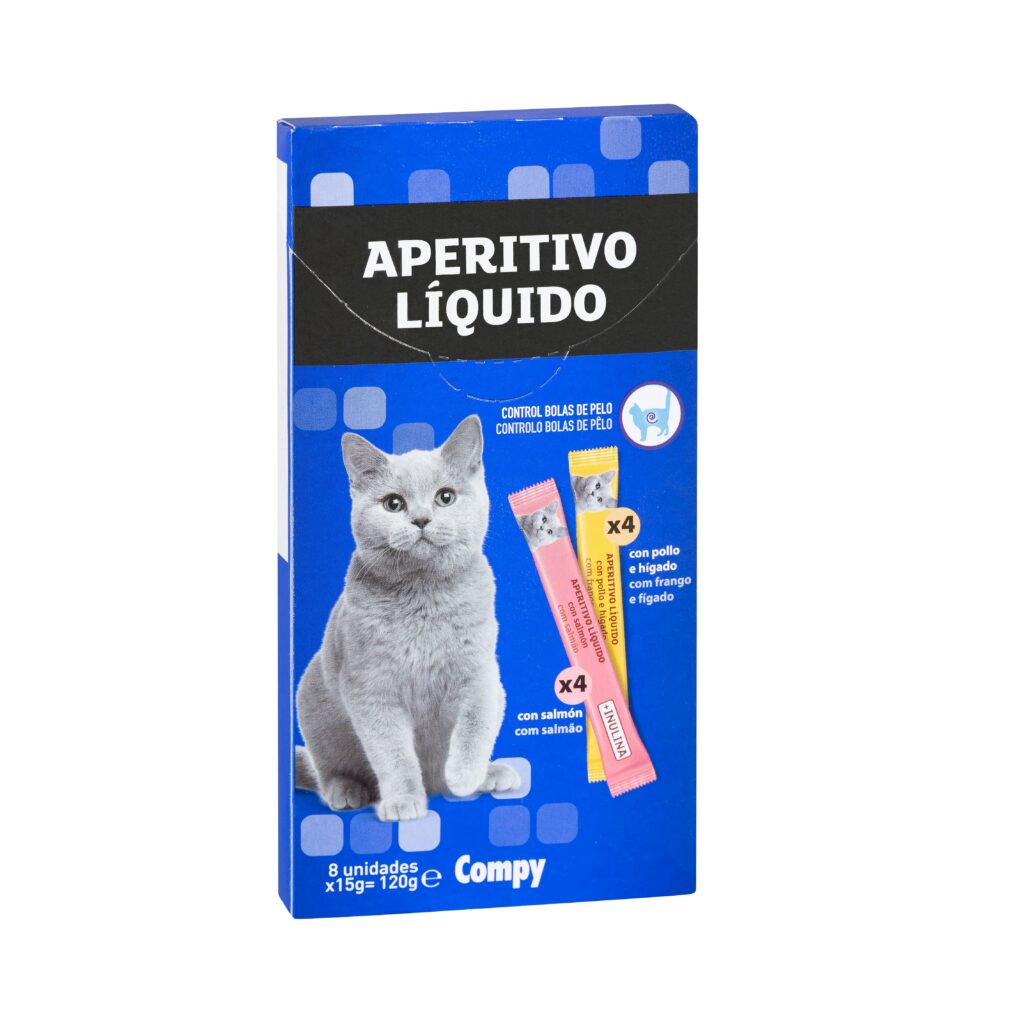 Snack gato aperitivo líquido Compy contine 4 con pollo e hígado y 4 con salmón