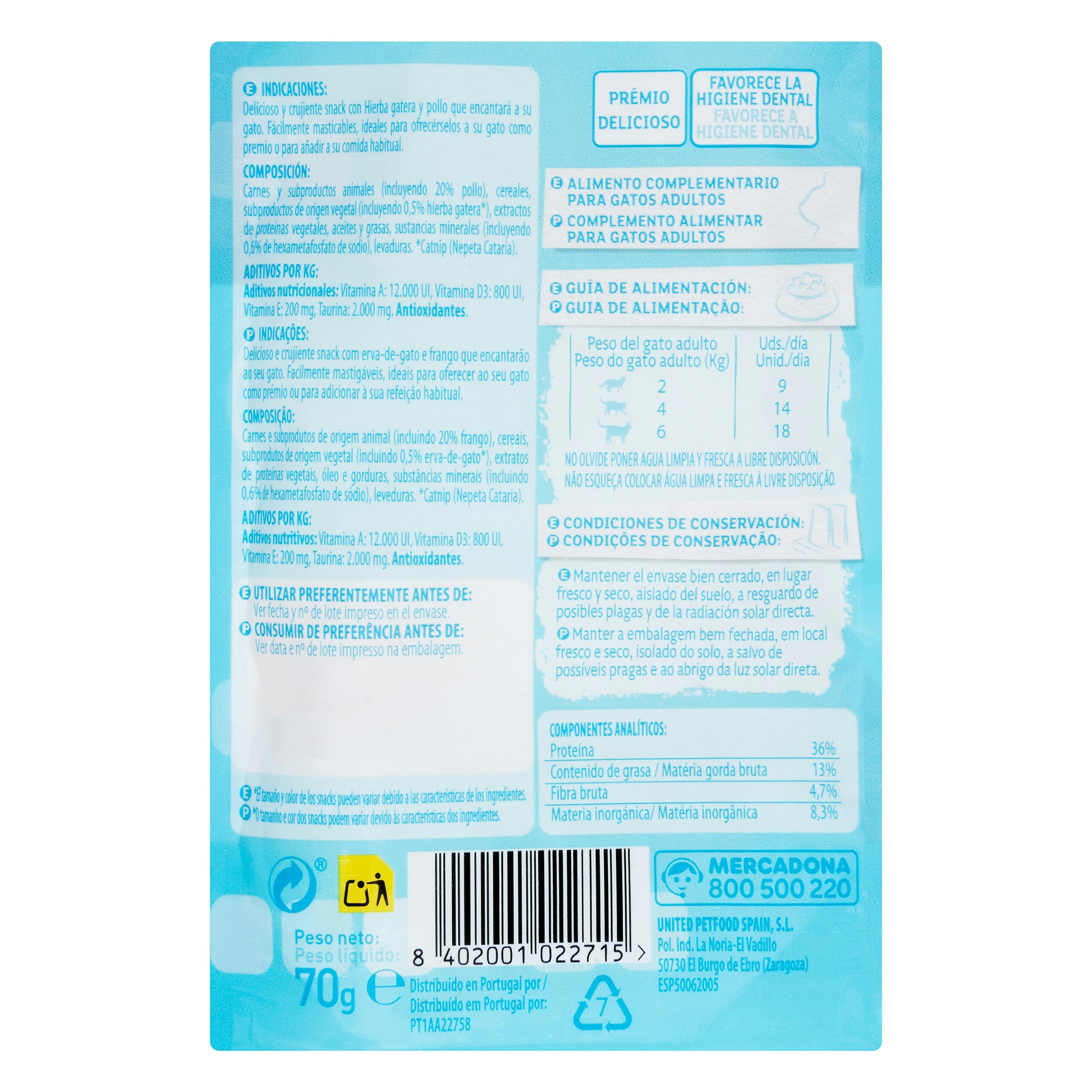 Etiqueta Snack gato crunchy con hierba gatera Compy cuidado de dientes