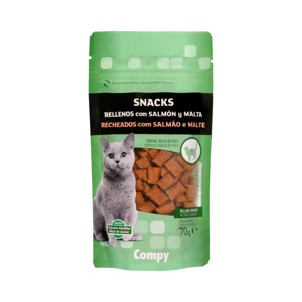 Snacks gato rellenos con salmón y malta Compy