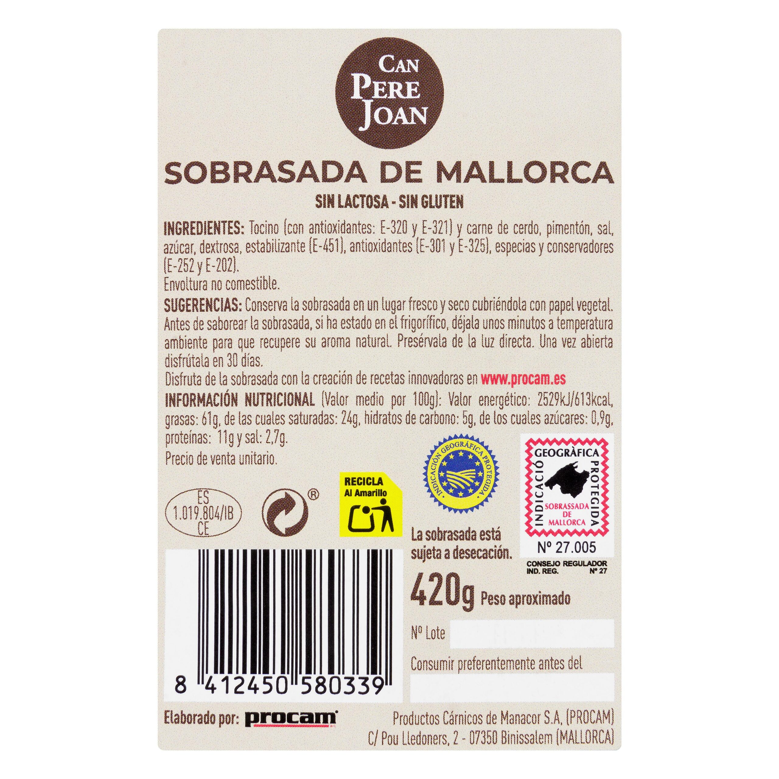 Etiqueta Sobrasada de Mallorca Can Pere Joan