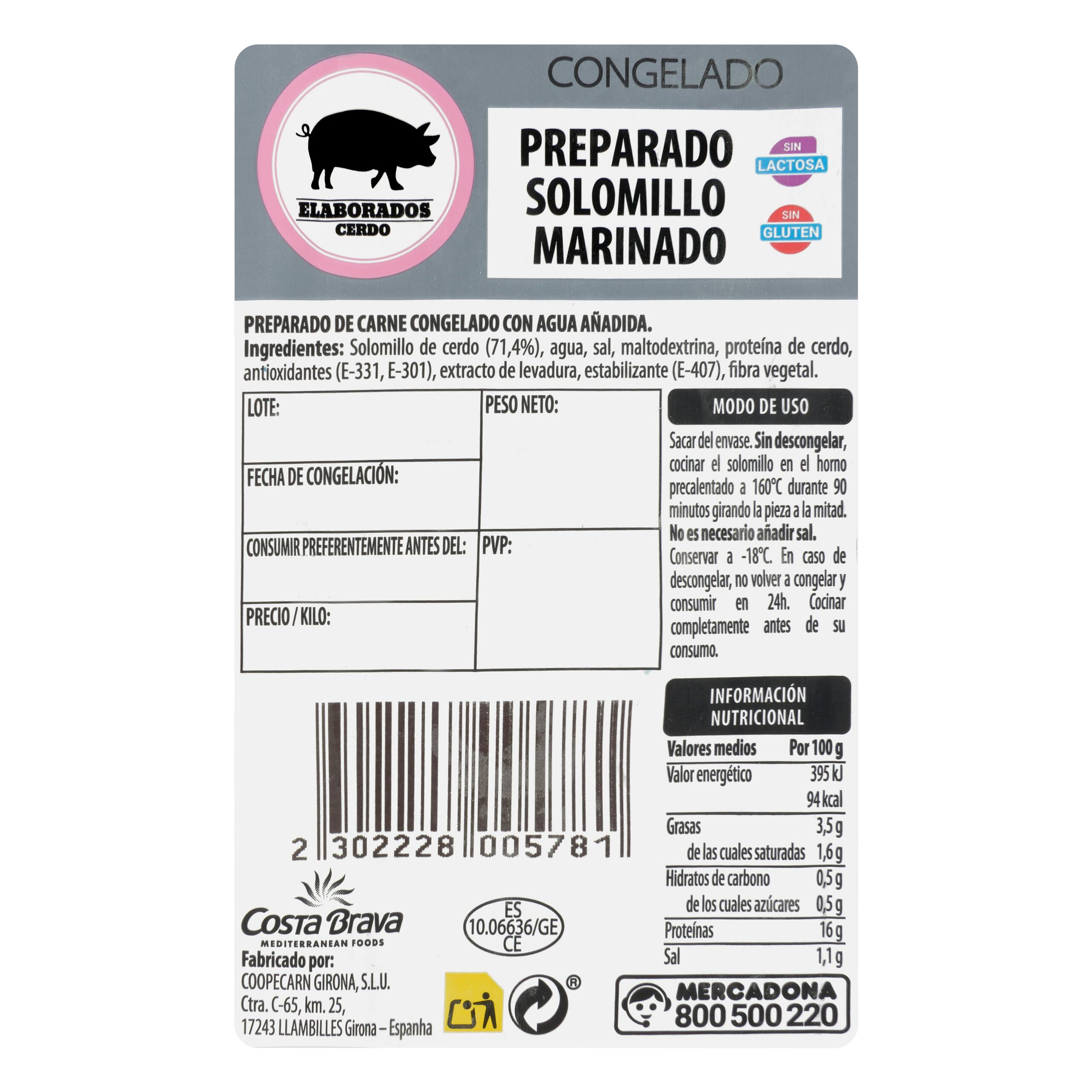 Etiqueta Solomillo de cerdo marinado congelado