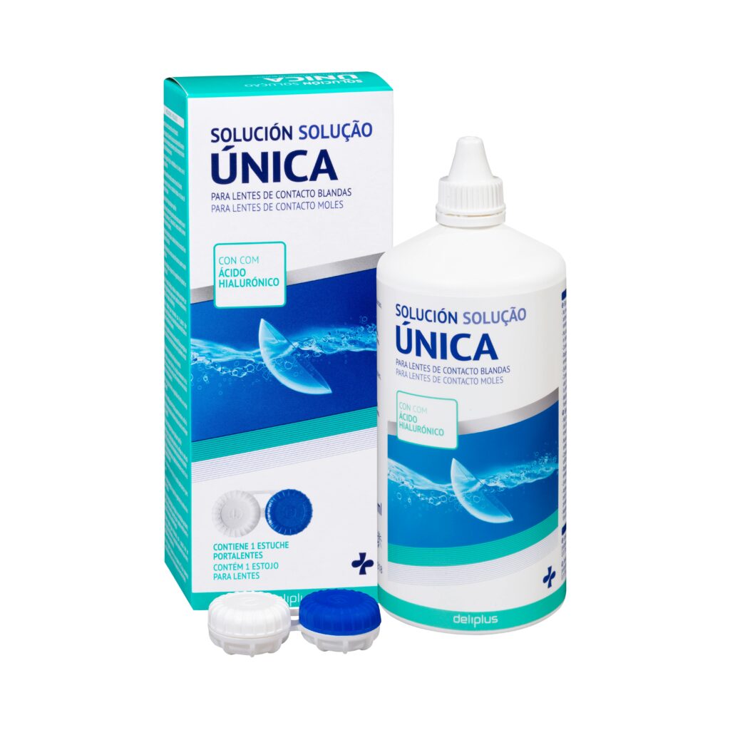 Solución única para lentes de contacto blandas Deliplus con ácido hialurónico contiene un estuche portalentes