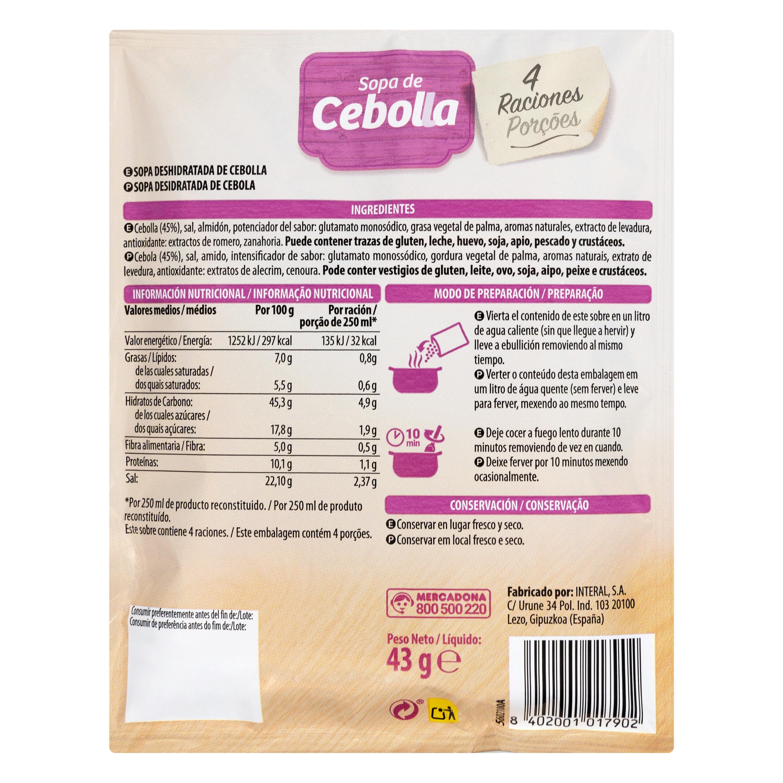 Etiqueta Sopa de cebolla Hacendado
