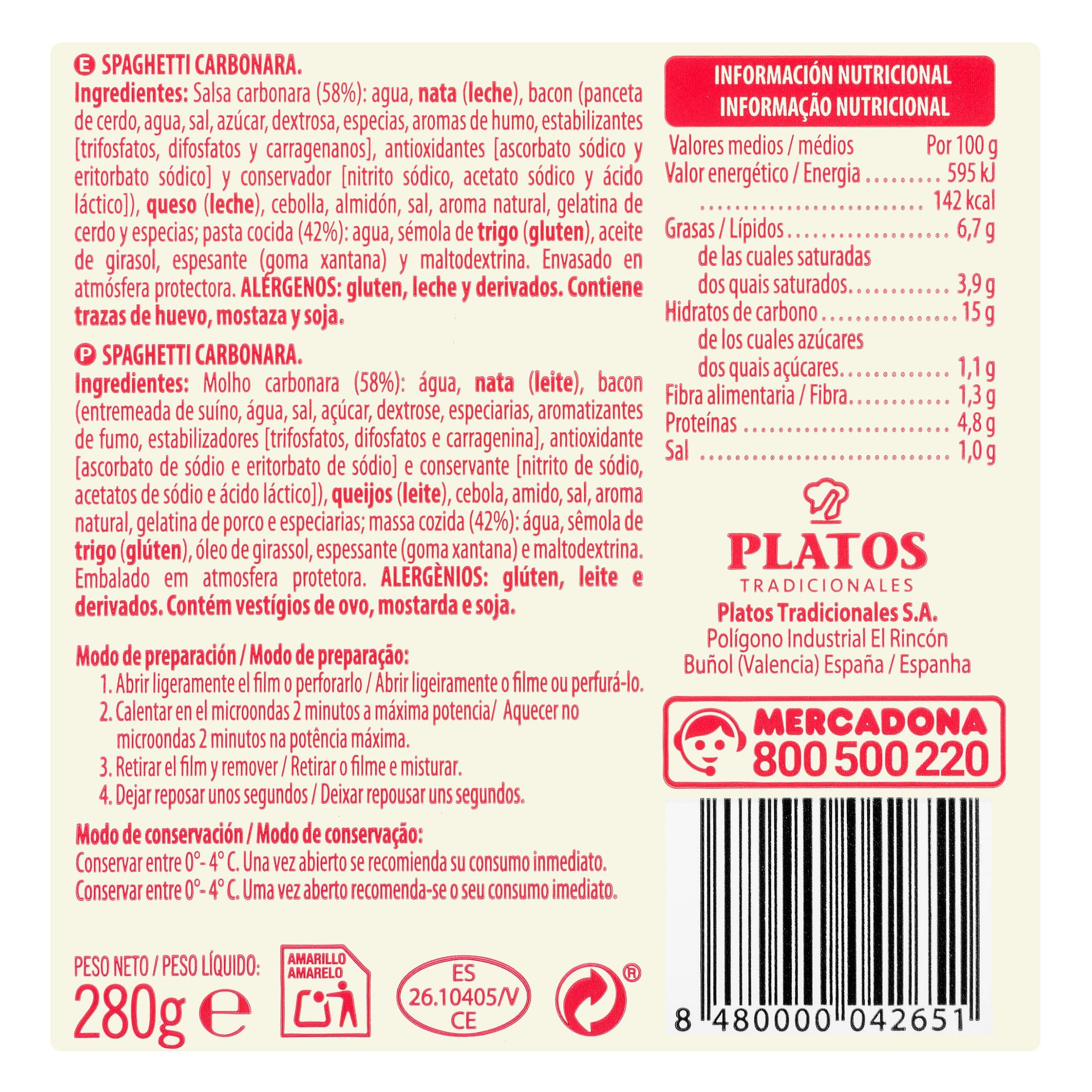 Etiqueta Spaghetti carbonara Hacendado