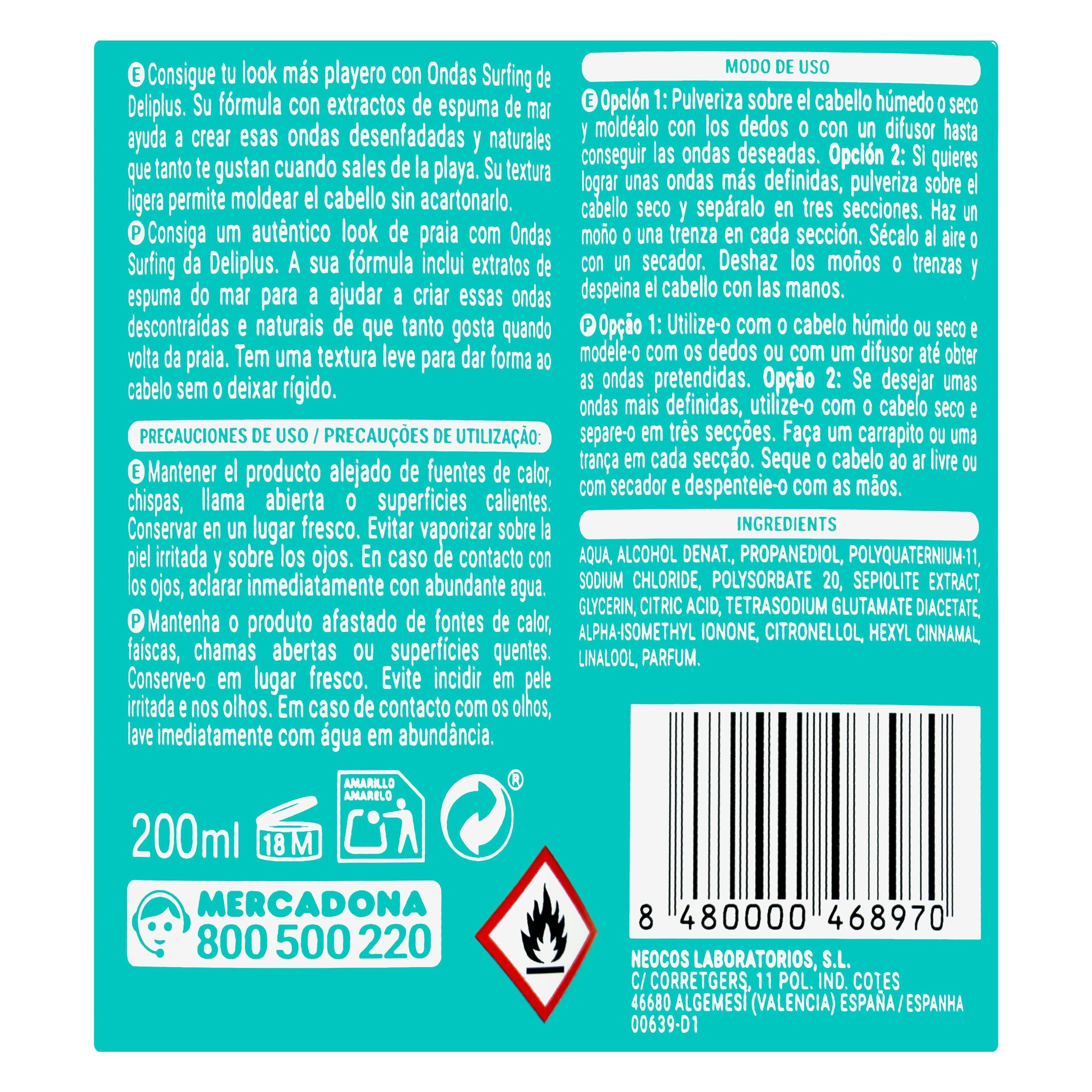 Etiqueta Spray cabello Ondas Surfing Deliplus fijación 2 ProFix