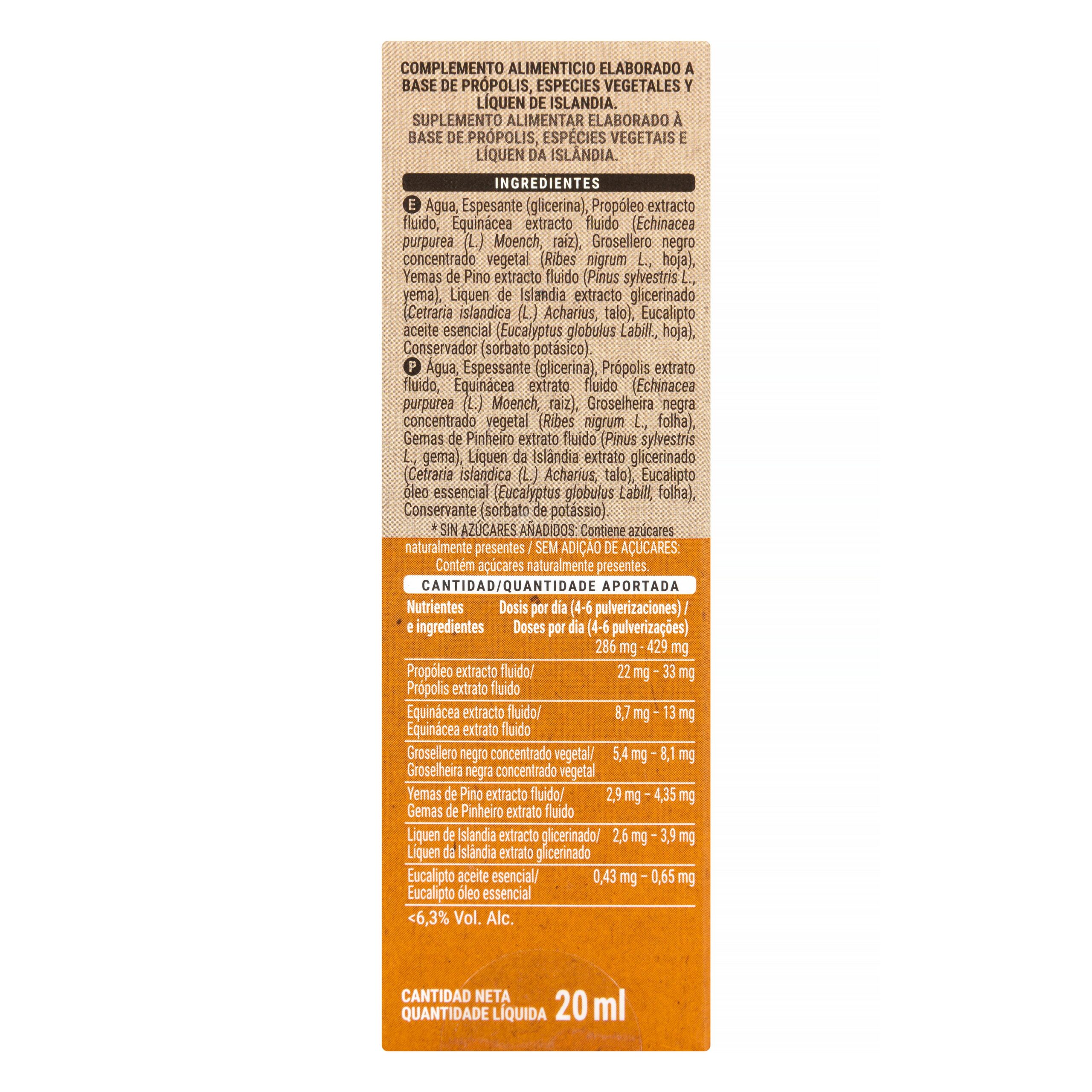 Etiqueta Spray oral Própolis Deliplus contiene equinácea y eucalipto elaborado a base de especies vegetales y líquen de Islandia