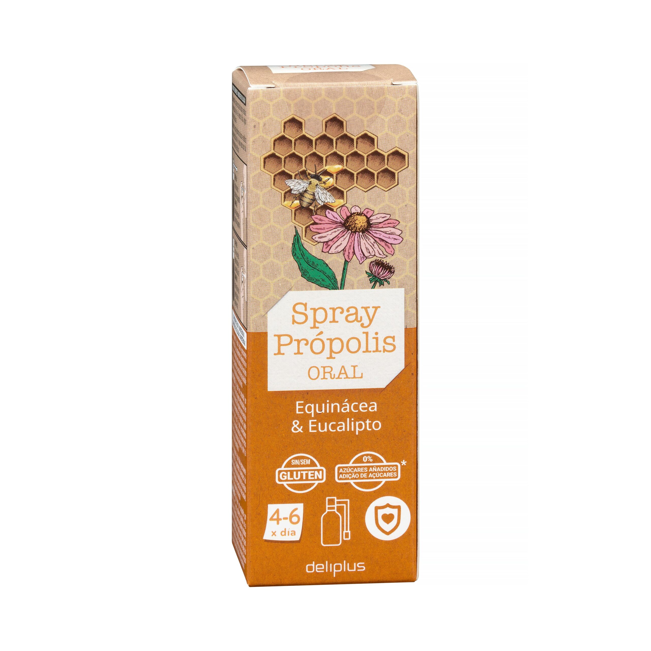 Spray oral Própolis Deliplus contiene equinácea y eucalipto elaborado a base de especies vegetales y líquen de Islandia Mercadona