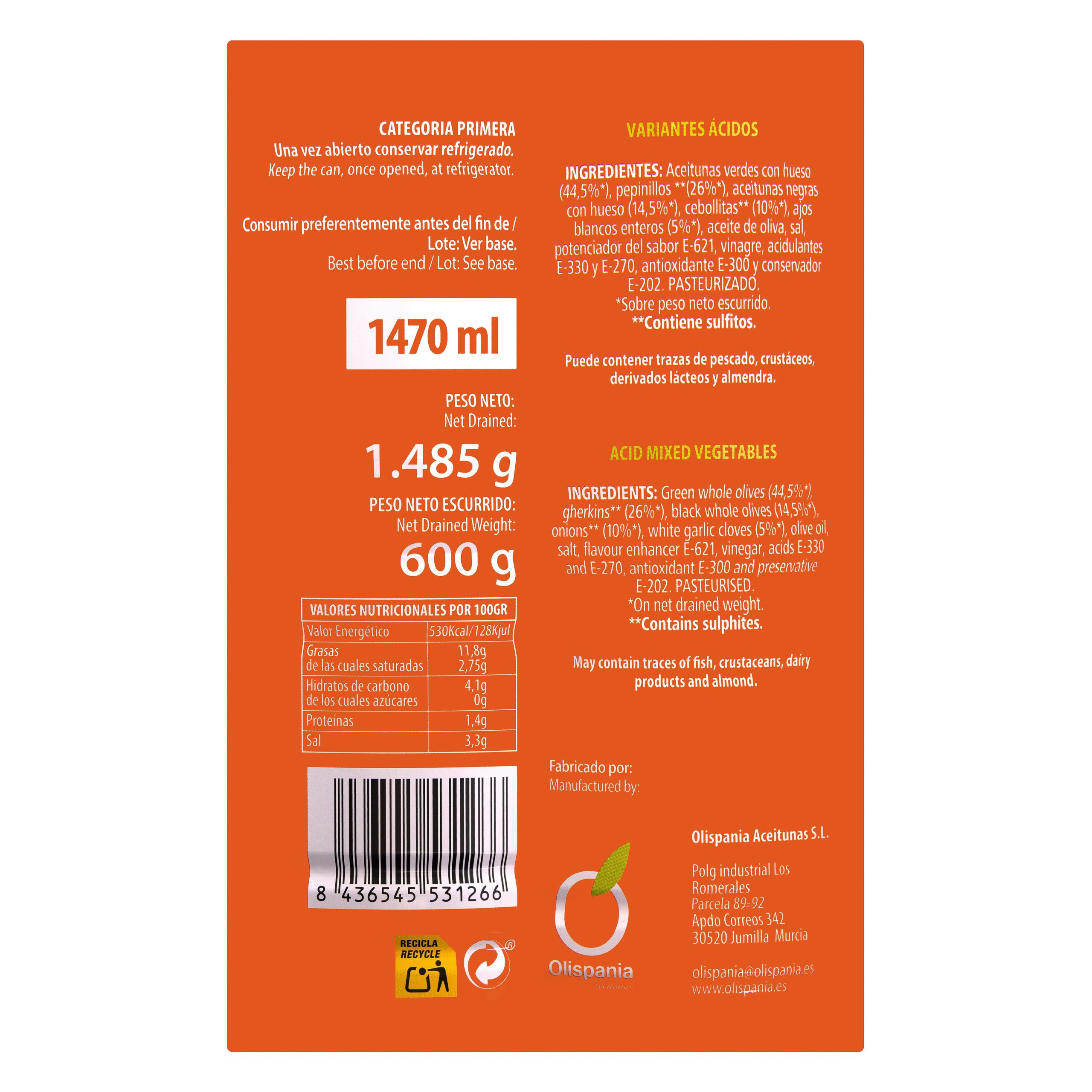 Etiqueta Surtido de aceitunas y encurtidos Olispania