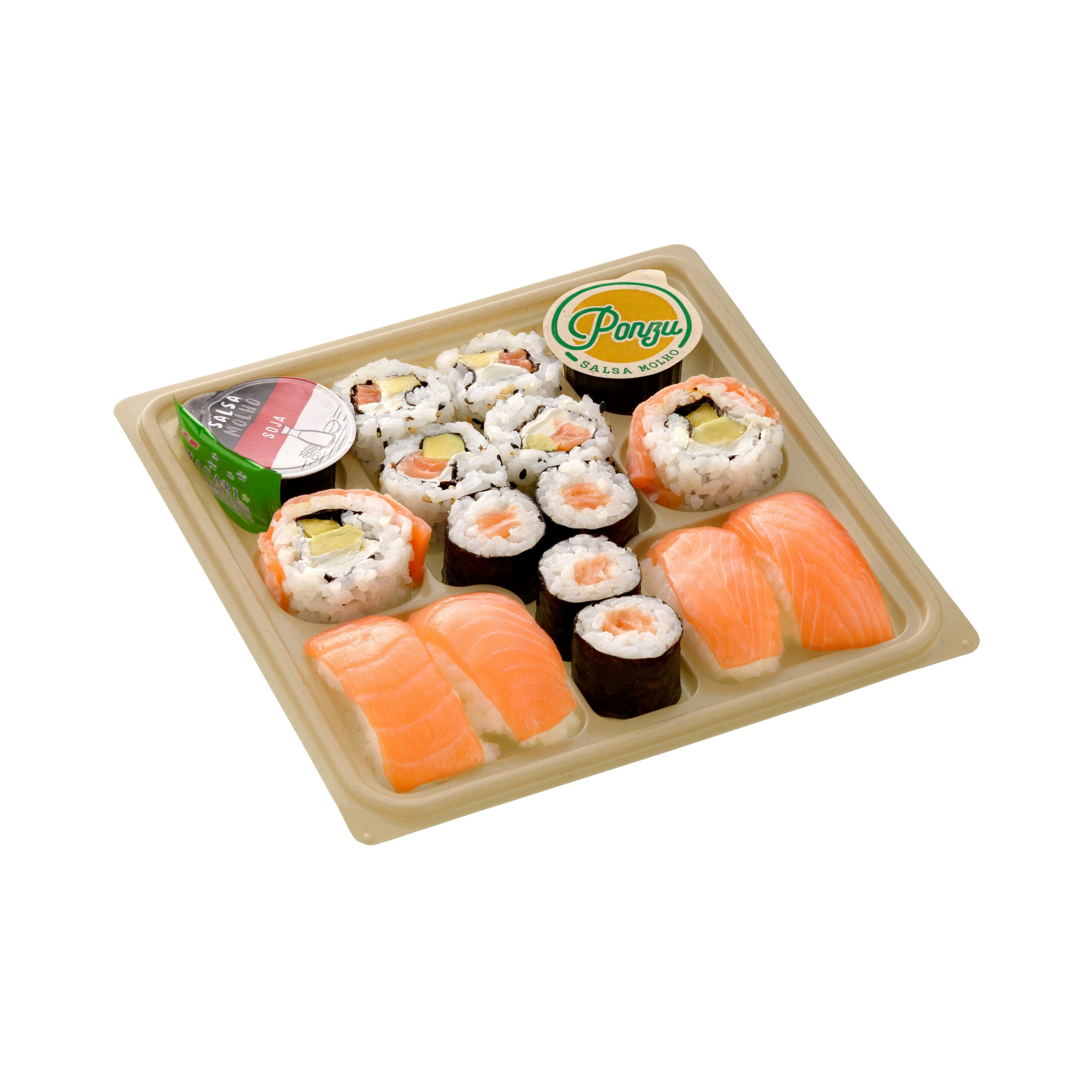 Surtido sushi Bento grande contiene 4 uramakis, 4 makis, 4 nigiris, 2 futomakis, salsa de soja, salsa de ponzu y salsa wasabi Mercadona