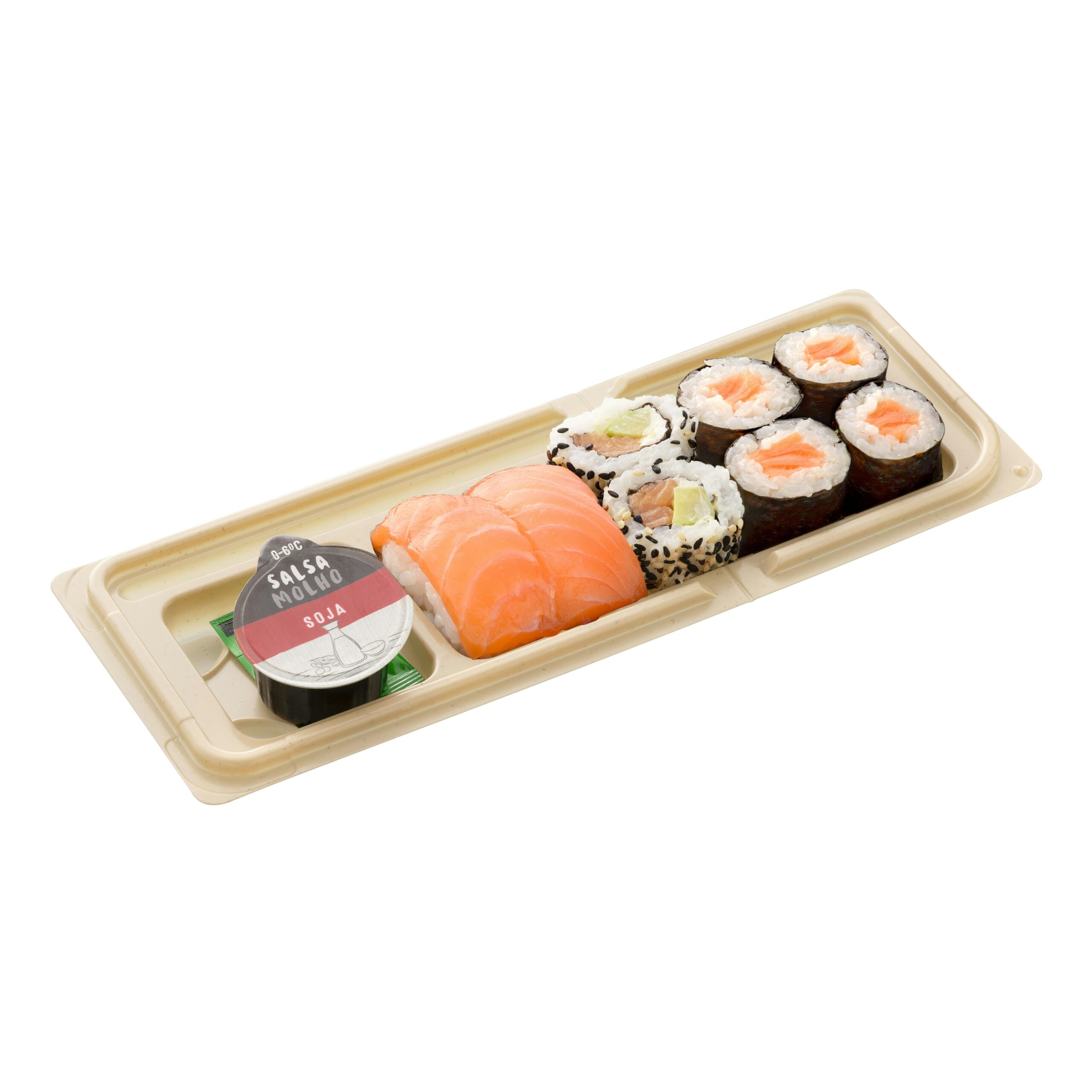 Surtido sushi Bento pequeño contiene 2 nigiris, 4 makis, 2 uramakis, salsa de soja y salsa wasabi Mercadona