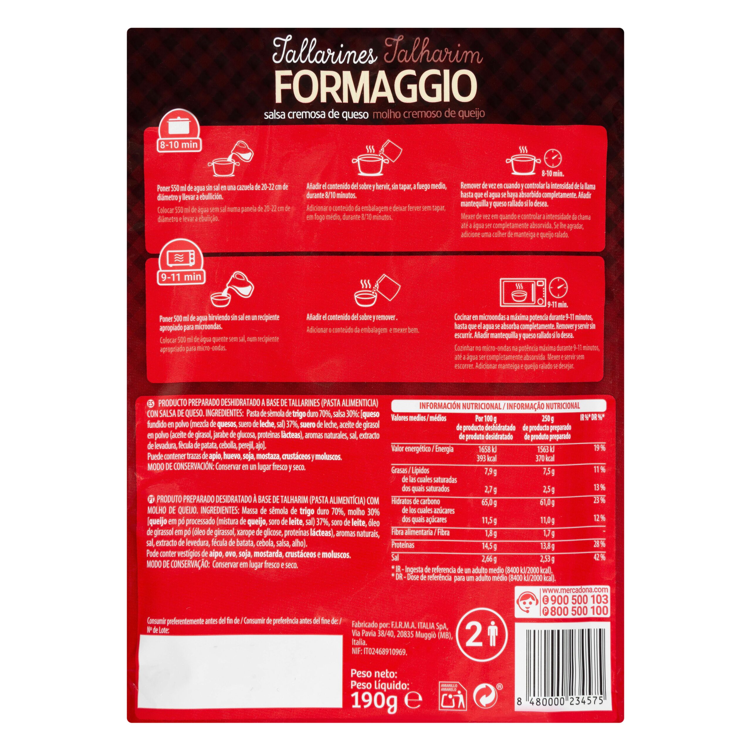 Etiqueta Tallarines Formaggio Hacendado salsa cremosa de queso