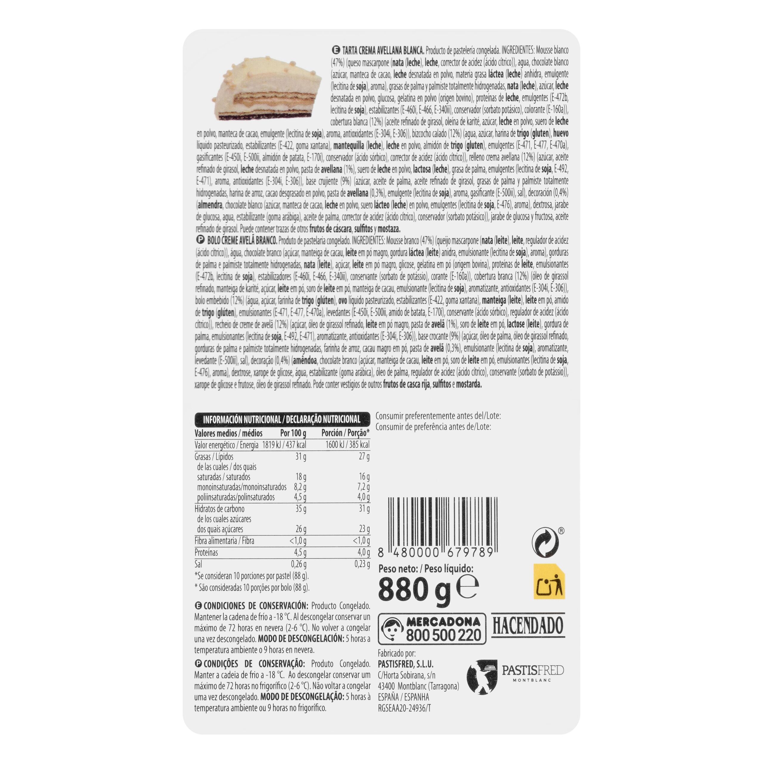 Etiqueta Tarta crema avellana blanca Hacendado congelada