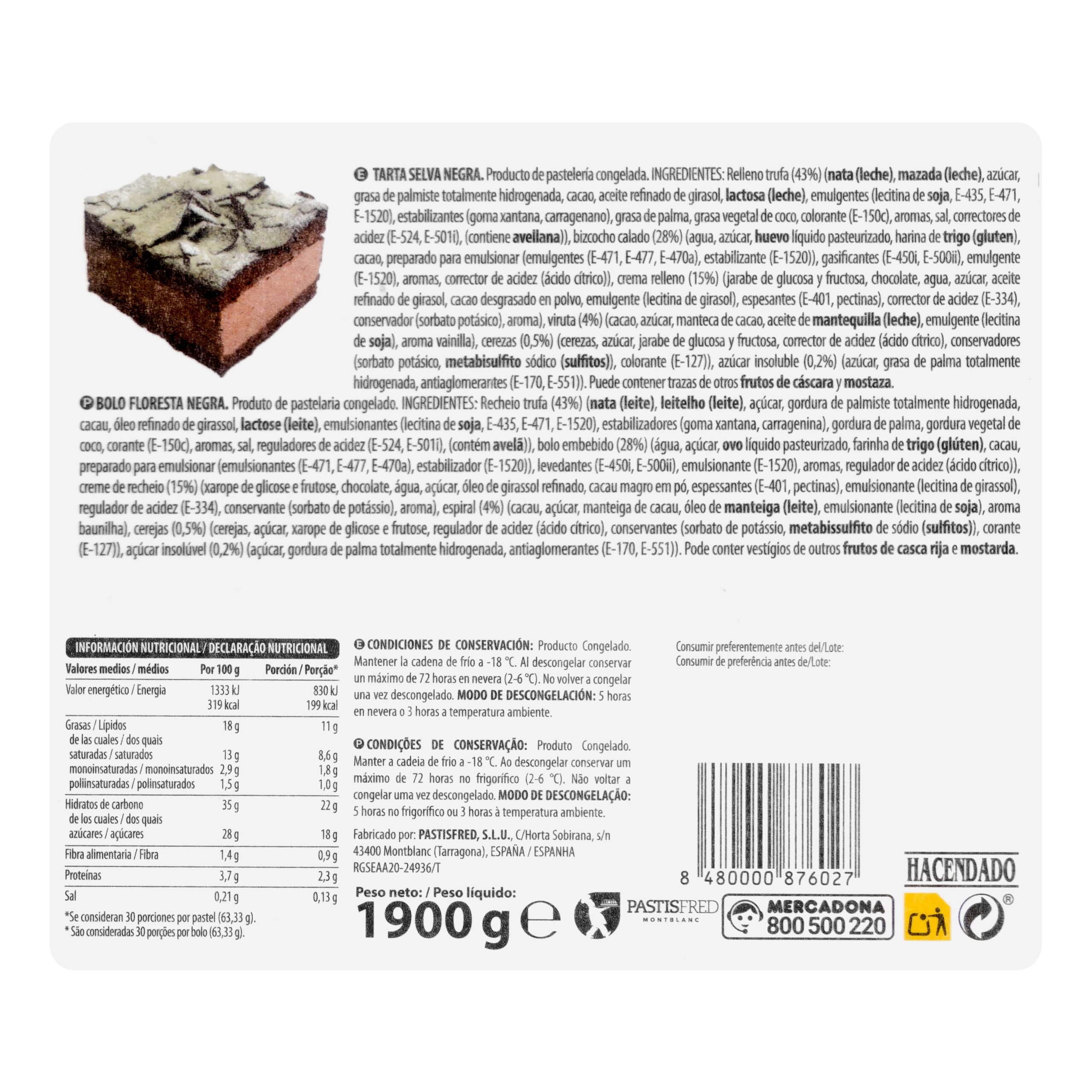 Etiqueta Tarta selva negra Hacendado congelada de trufa y crema de cacao