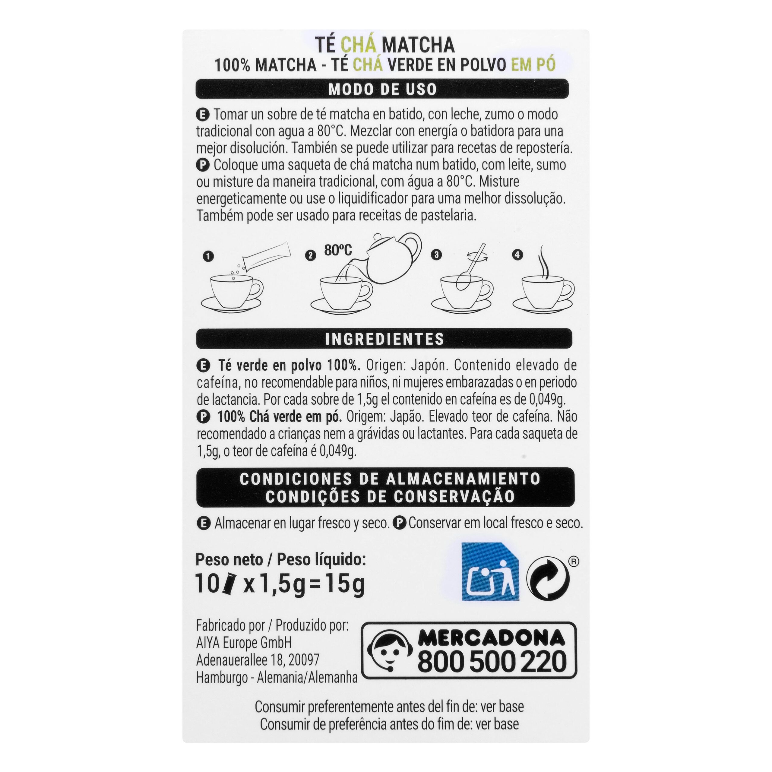 Etiqueta Té matcha en polvo Hacendado