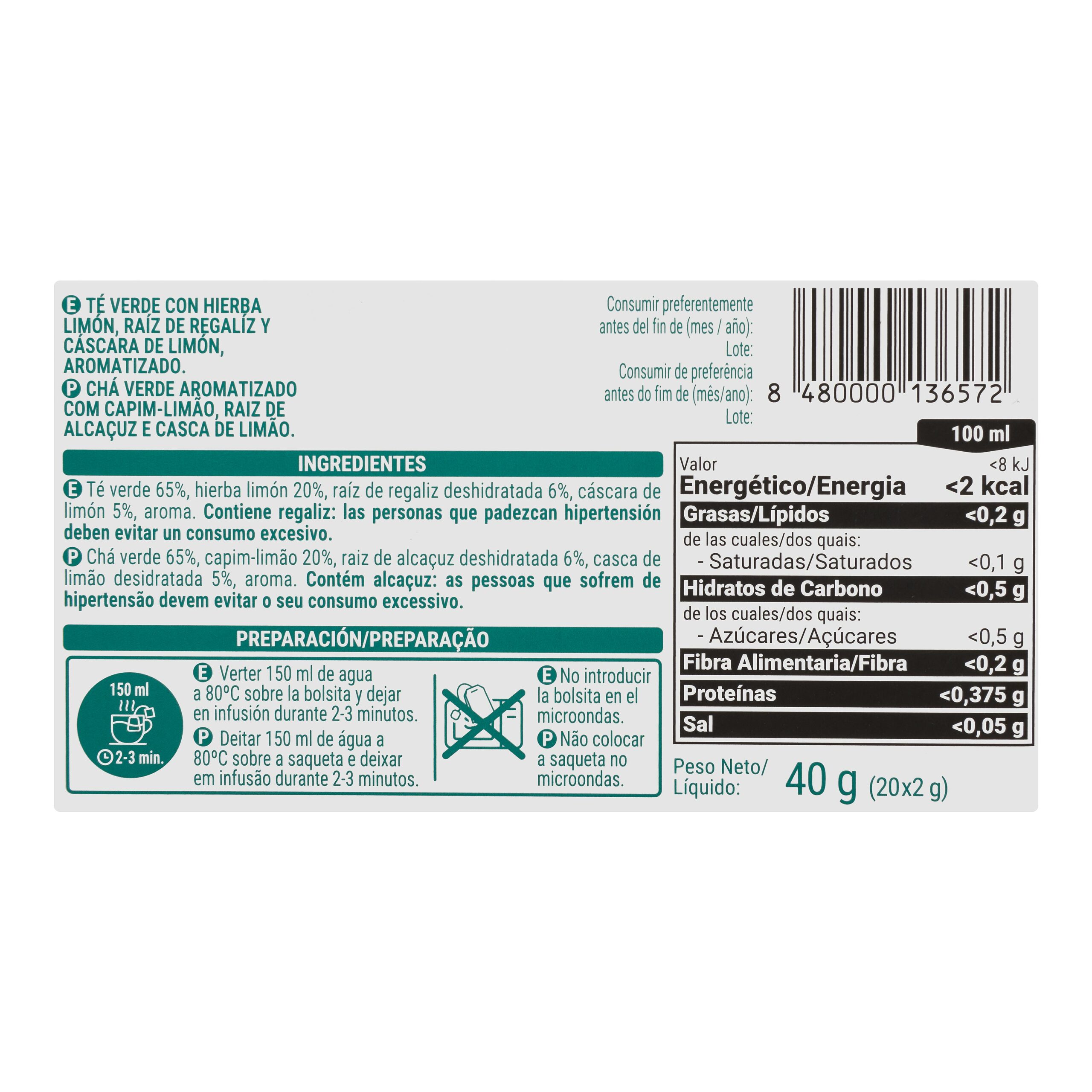 Etiqueta Té verde con limón Hacendado