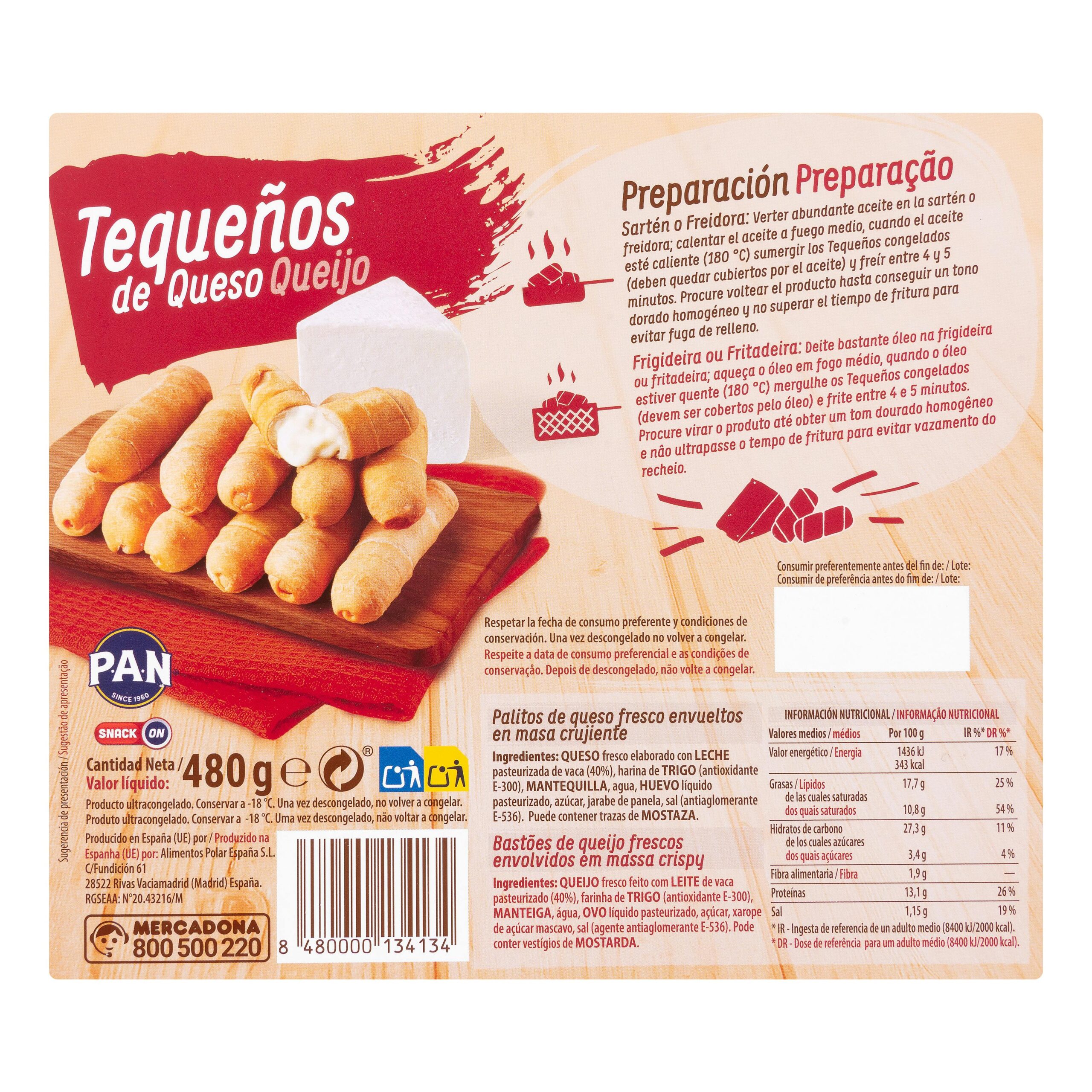 Etiqueta Tequeños de queso Hacendado ultracongelados