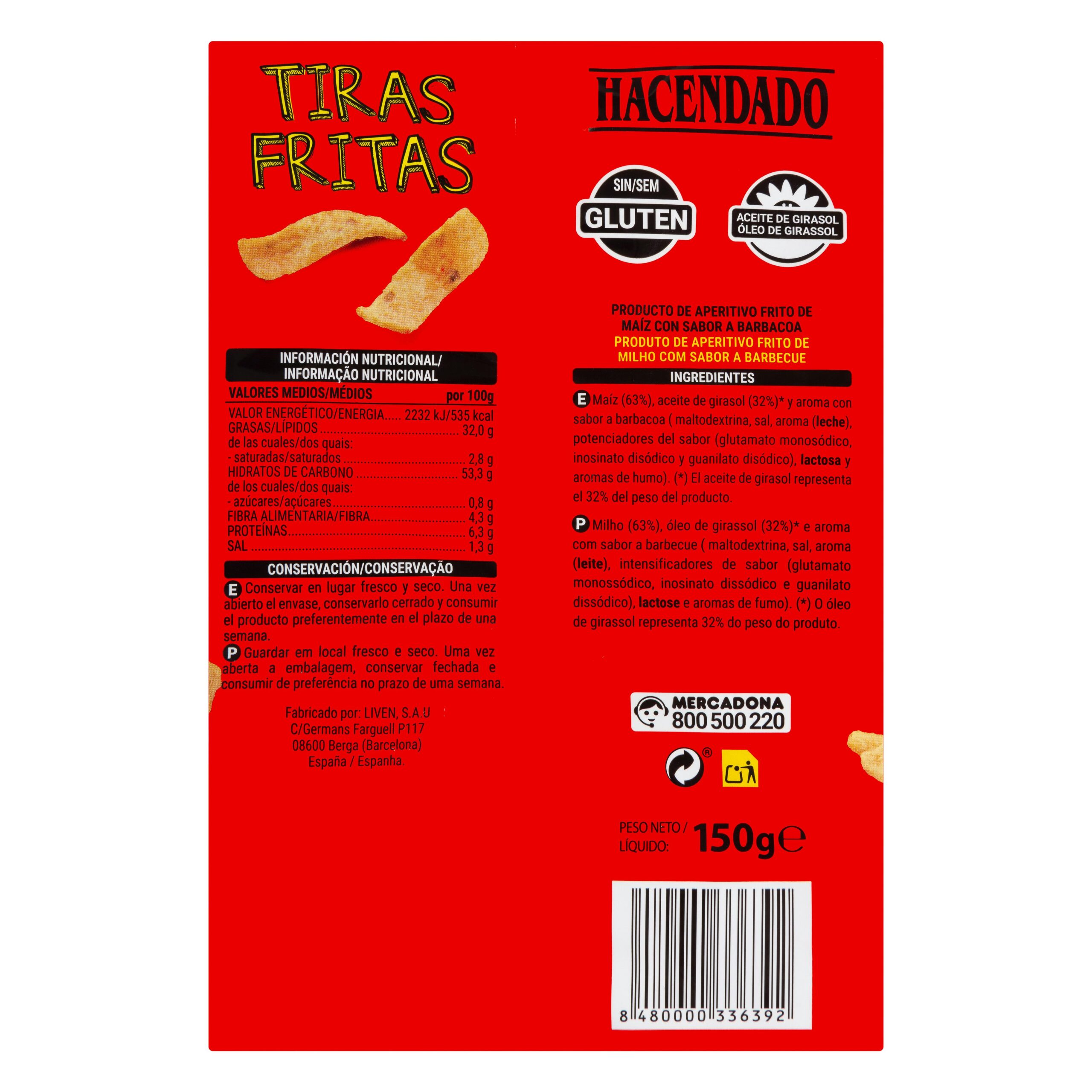Etiqueta Tiras de maíz frito sabor barbacoa Hacendado