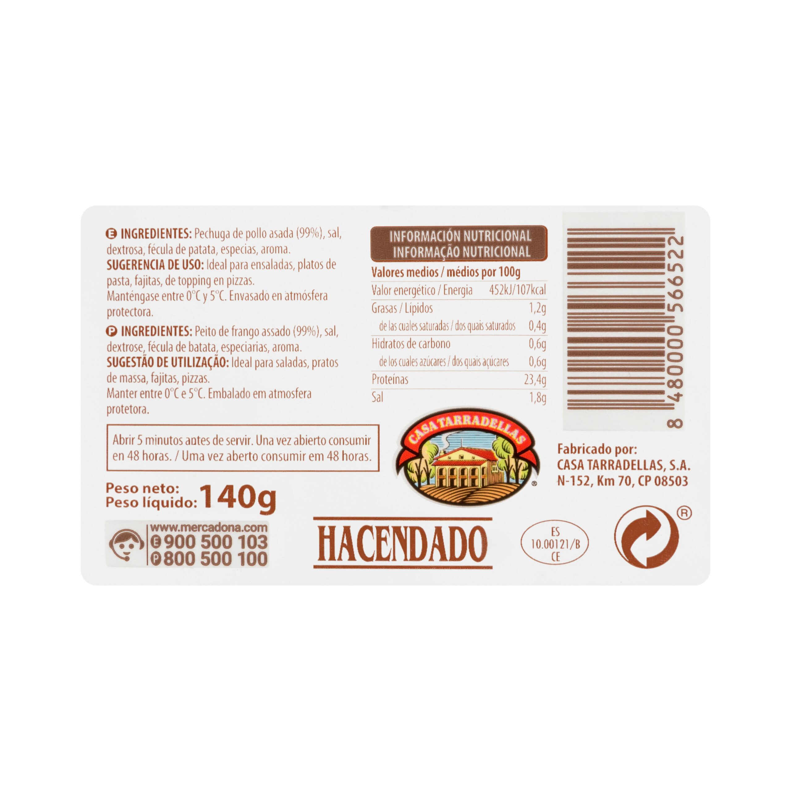 Etiqueta Tiras de pechuga pollo al horno Hacendado