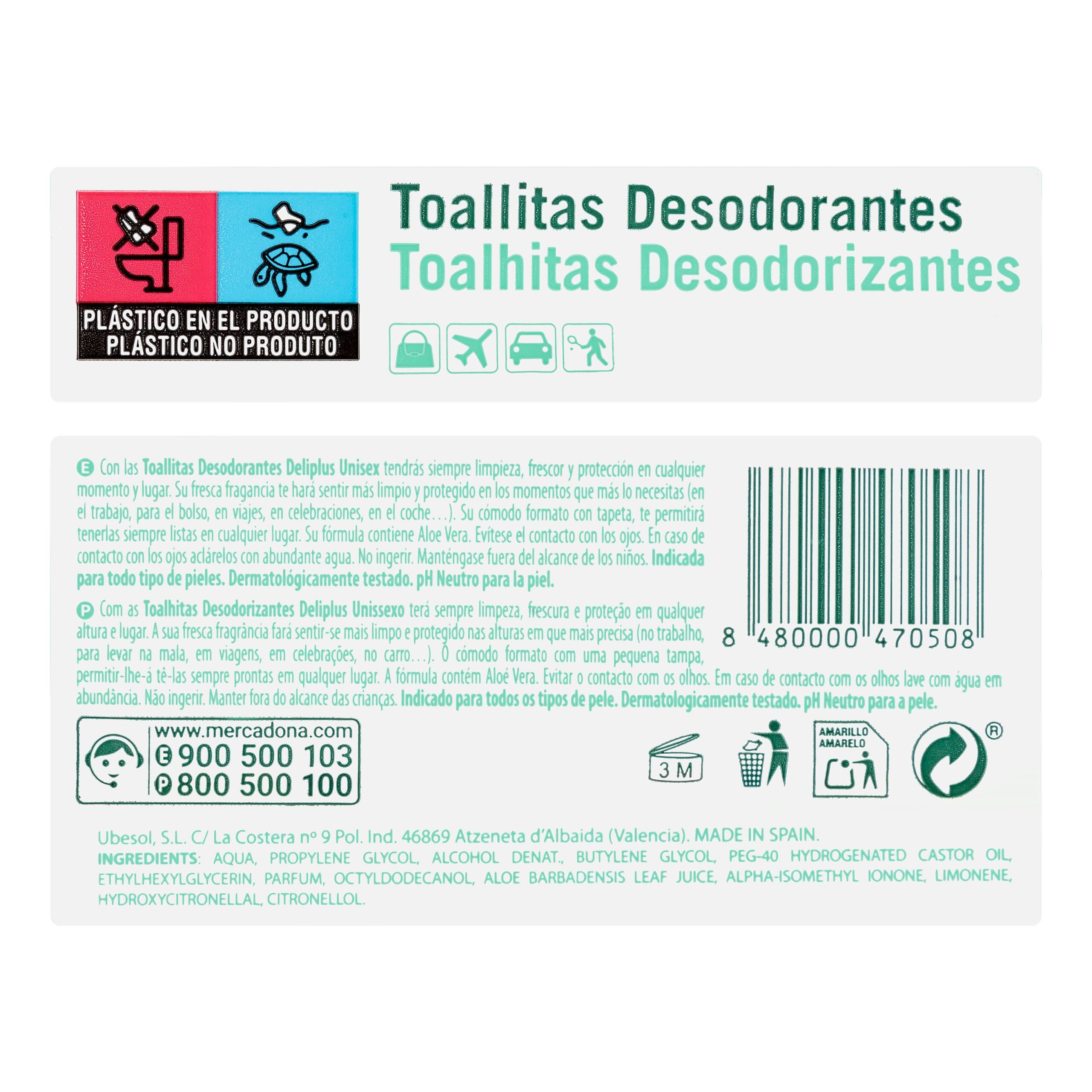 Etiqueta Toallitas desodorantes con aloe vera Deliplus