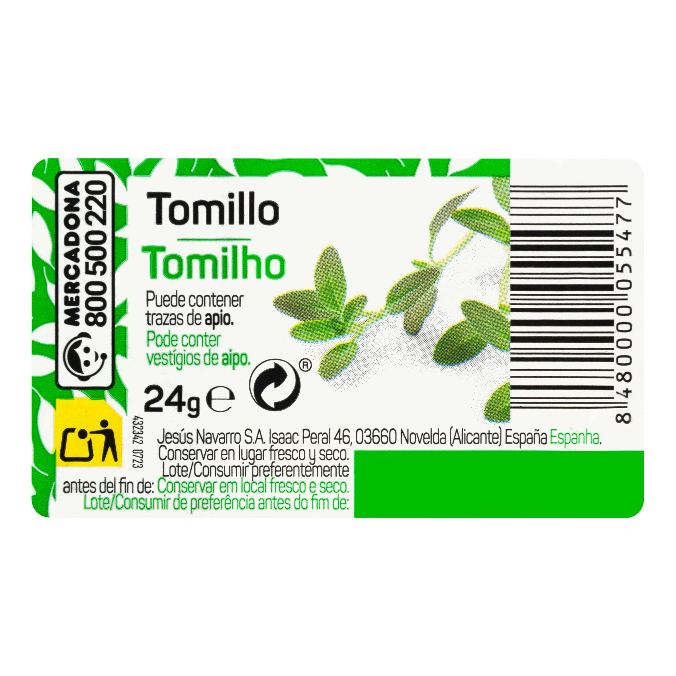 Etiqueta Tomillo Hacendado