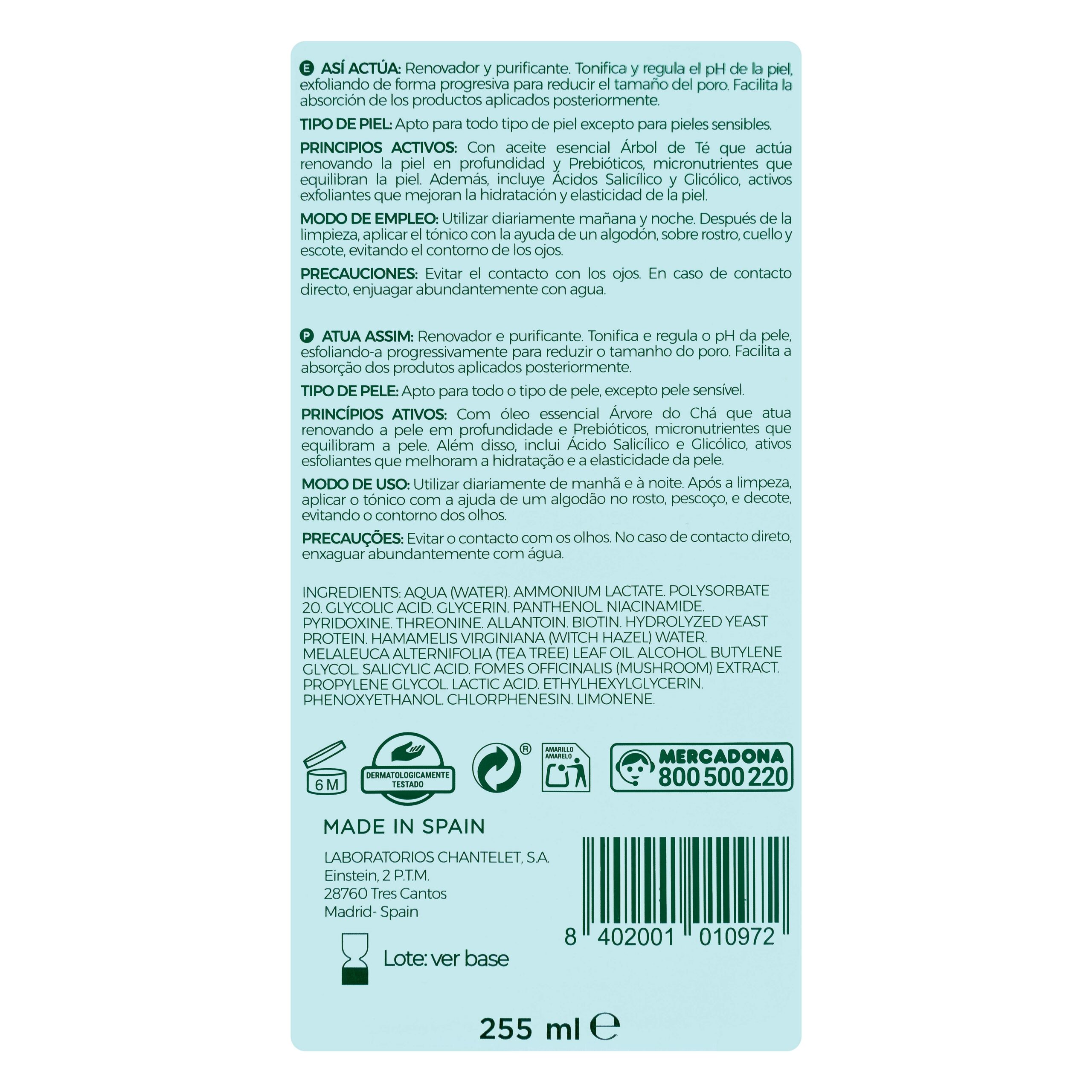 Etiqueta Tónico facial árbol de té y prebióticos Facial Clean Deliplus piel normal