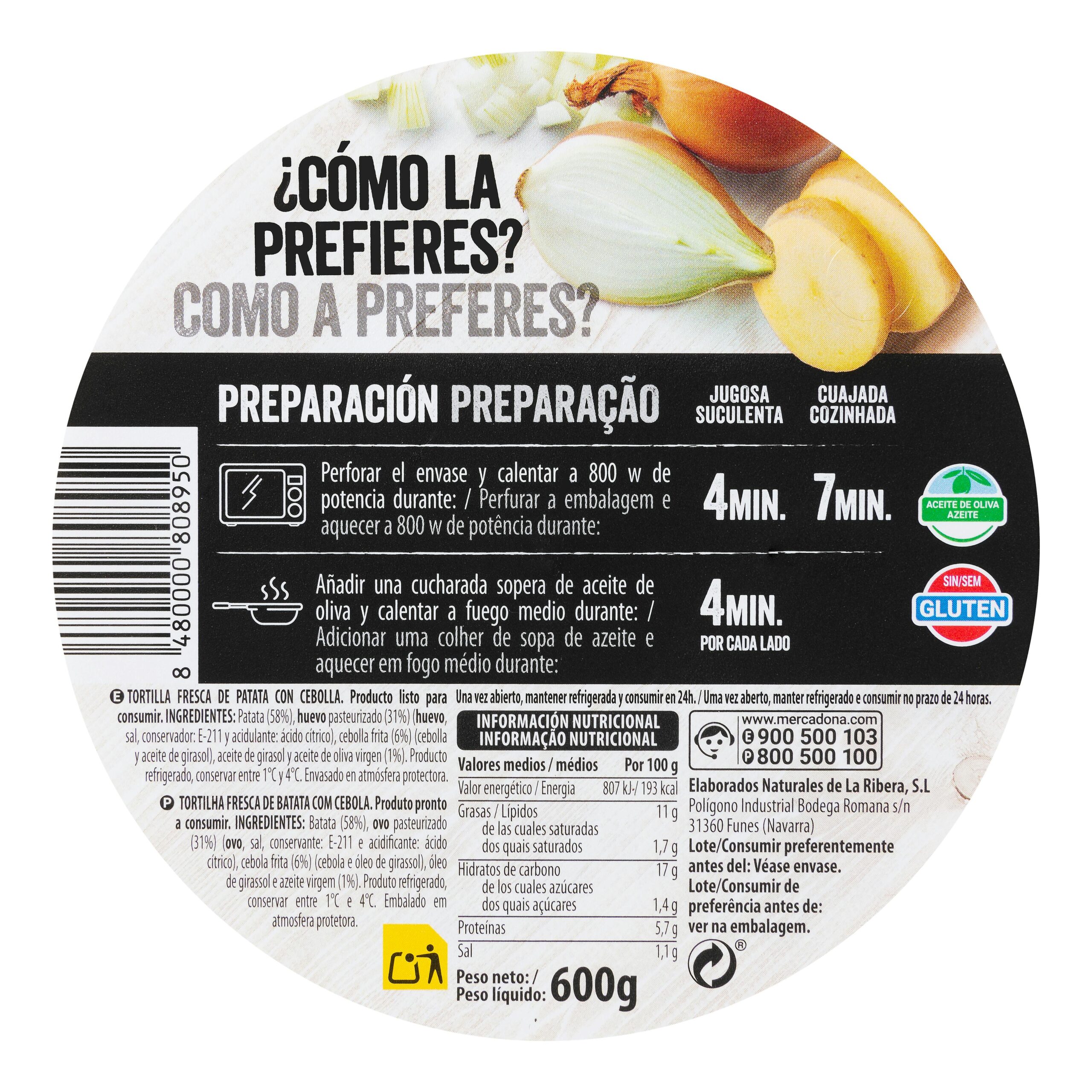 Etiqueta Tortilla de patata y cebolla Hacendado con aceite de oliva