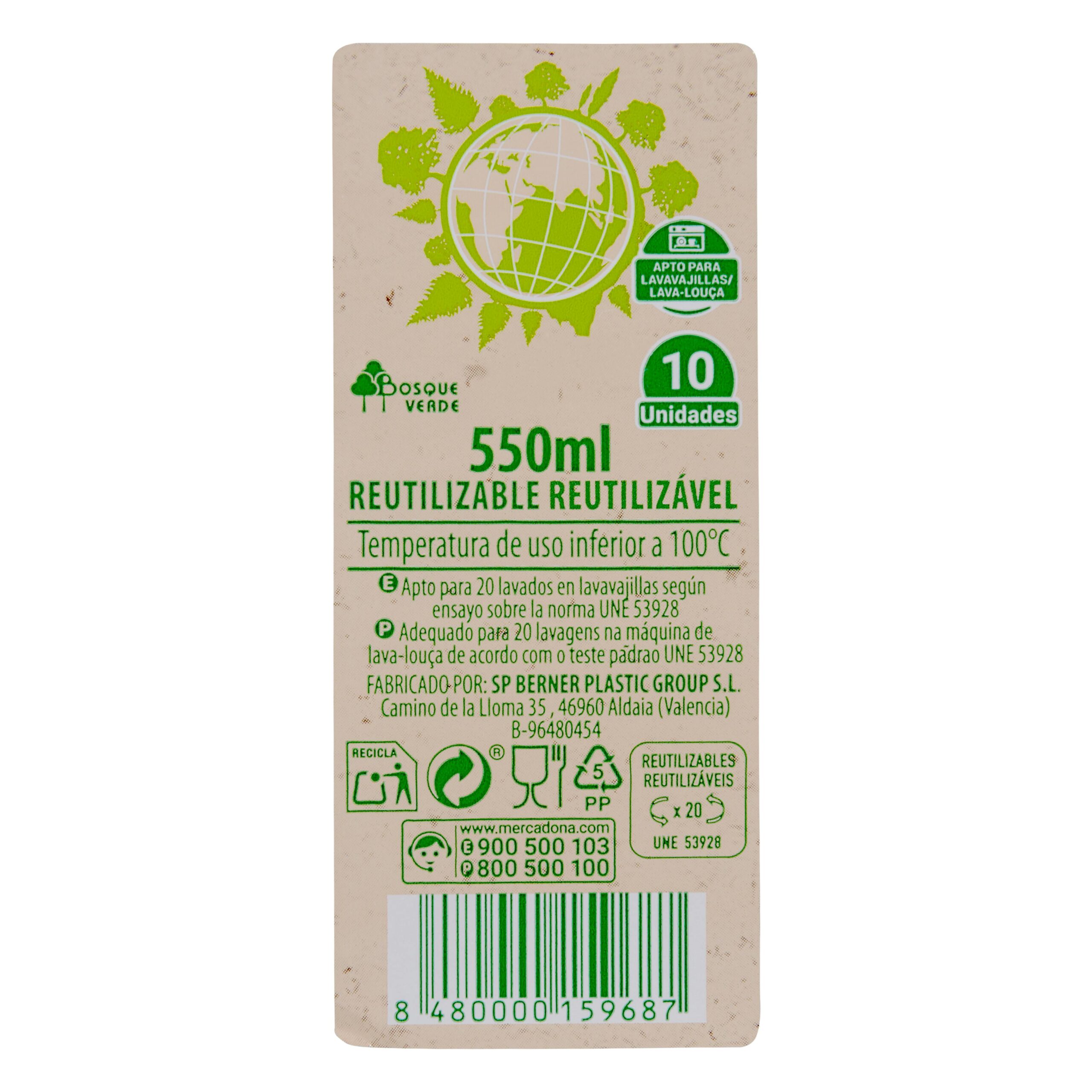 Etiqueta Vasos grandes de plástico Bosque Verde reutilizables y multiusos 550 ml