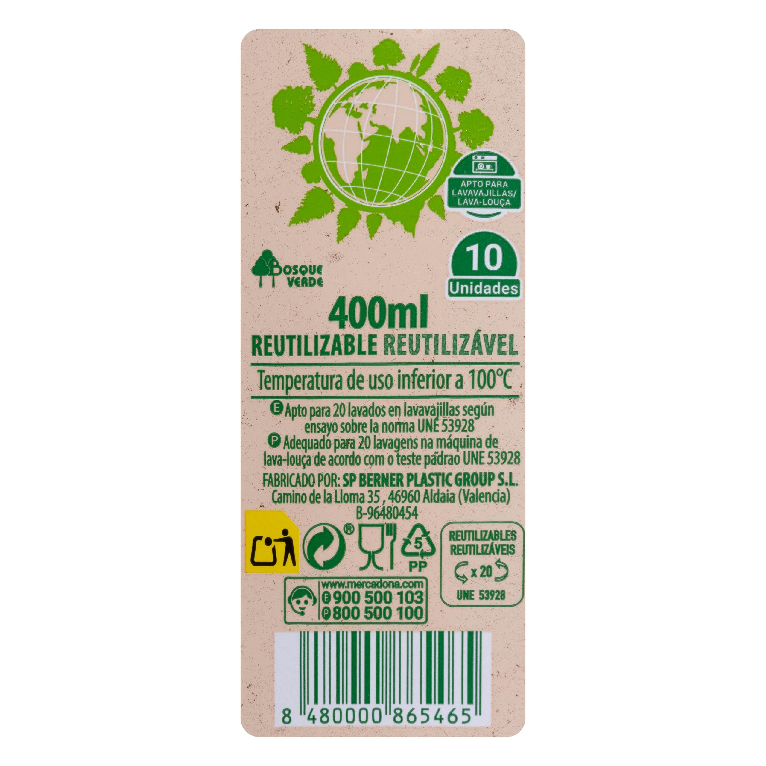 Etiqueta Vasos medianos de plástico Bosque Verde reutilizables y multiusos 400 ml