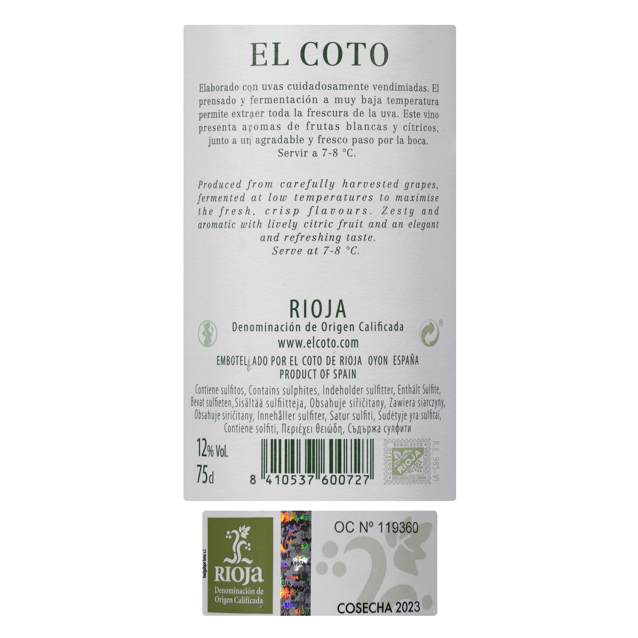 Etiqueta Vino blanco D.O Rioja El Coto