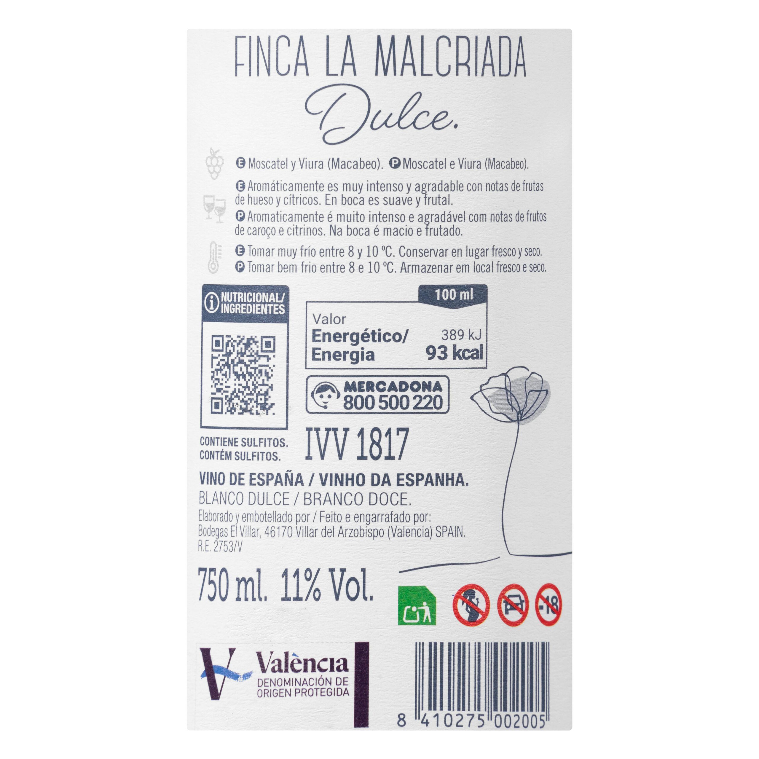 Etiqueta Vino blanco D.O Valencia Finca La Malcriada dulce