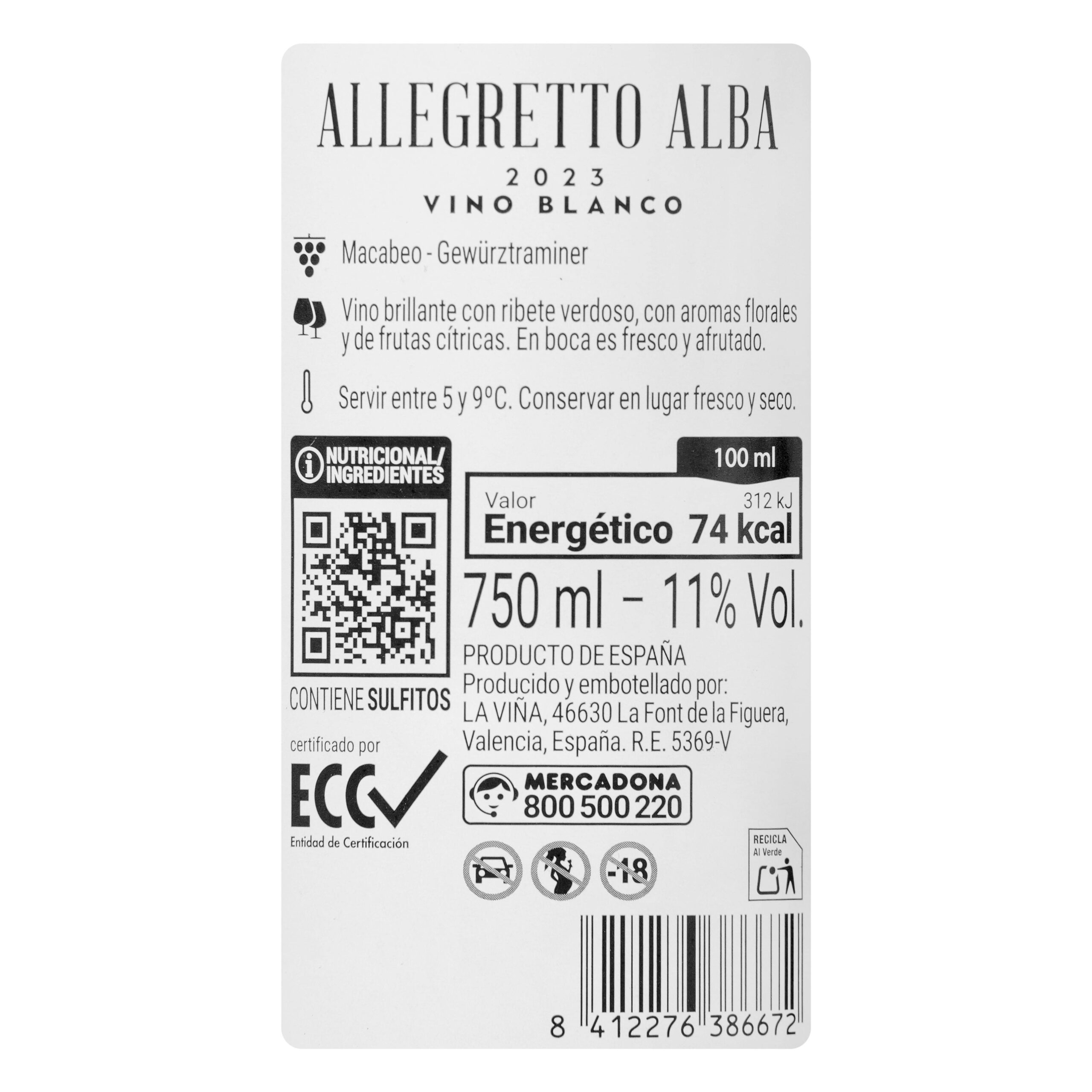 Etiqueta Vino blanco semidulce Allegretto Alba