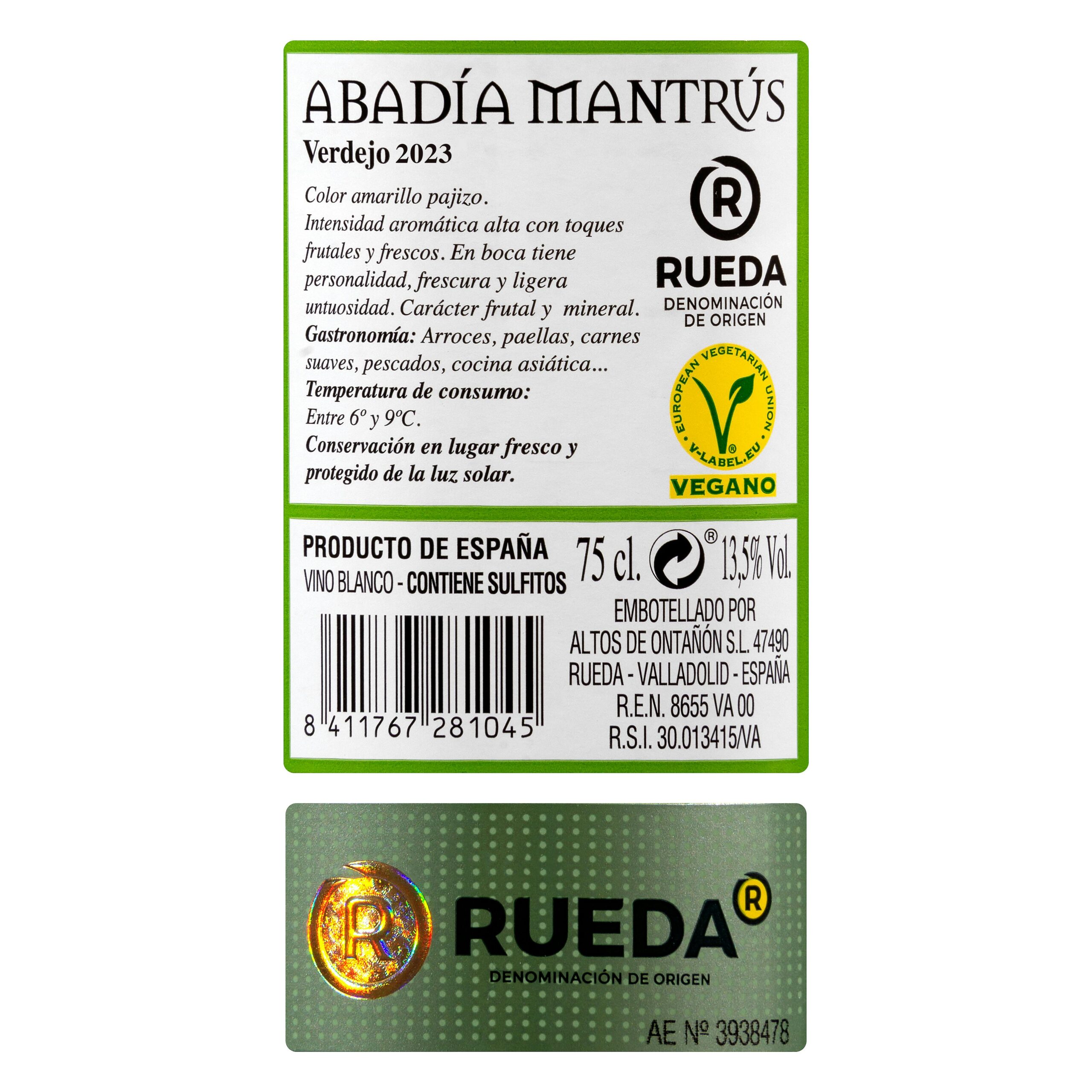 Etiqueta Vino blanco verdejo D.O Rueda Abadía Mantrús