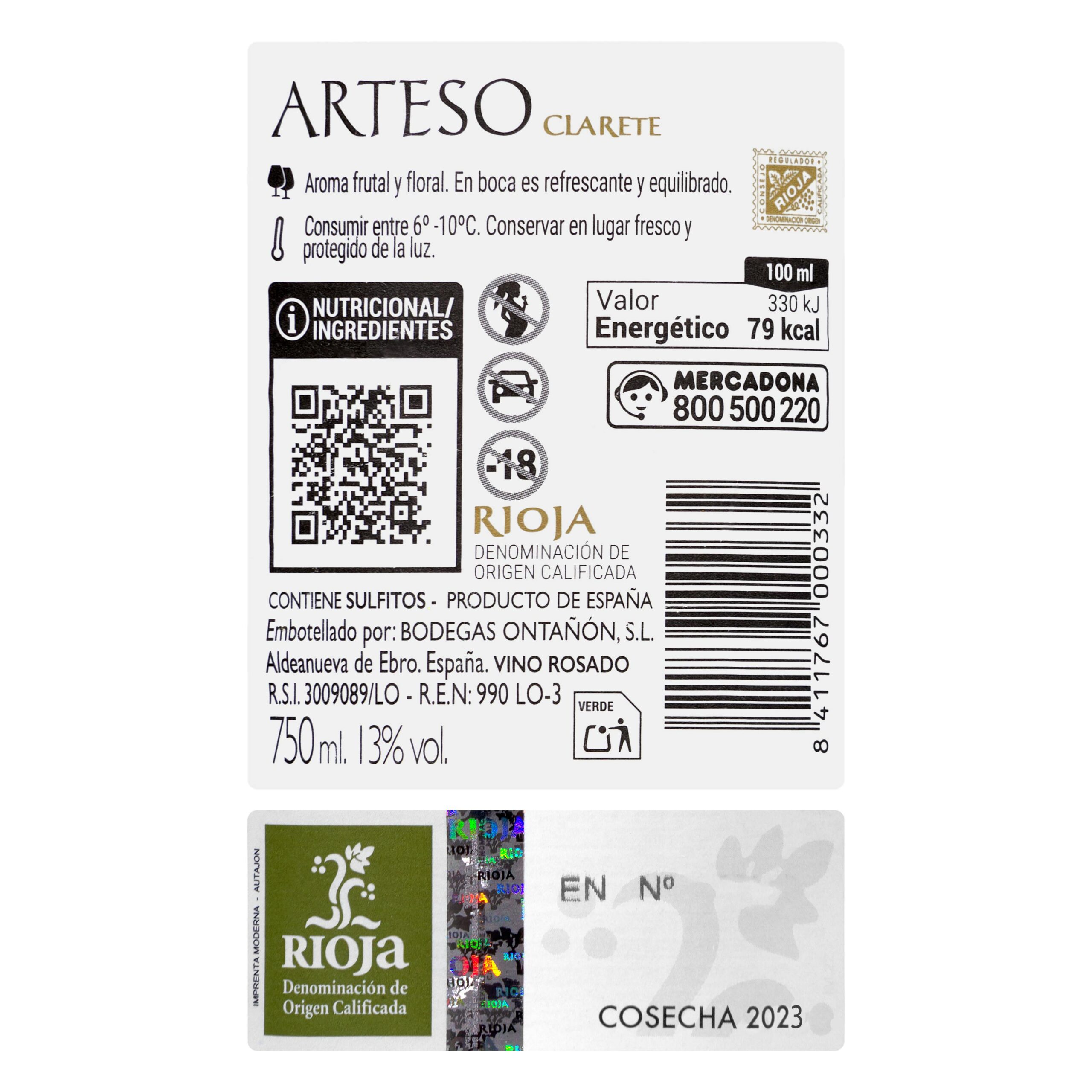 Etiqueta Vino rosado D.O Rioja Arteso Clarete