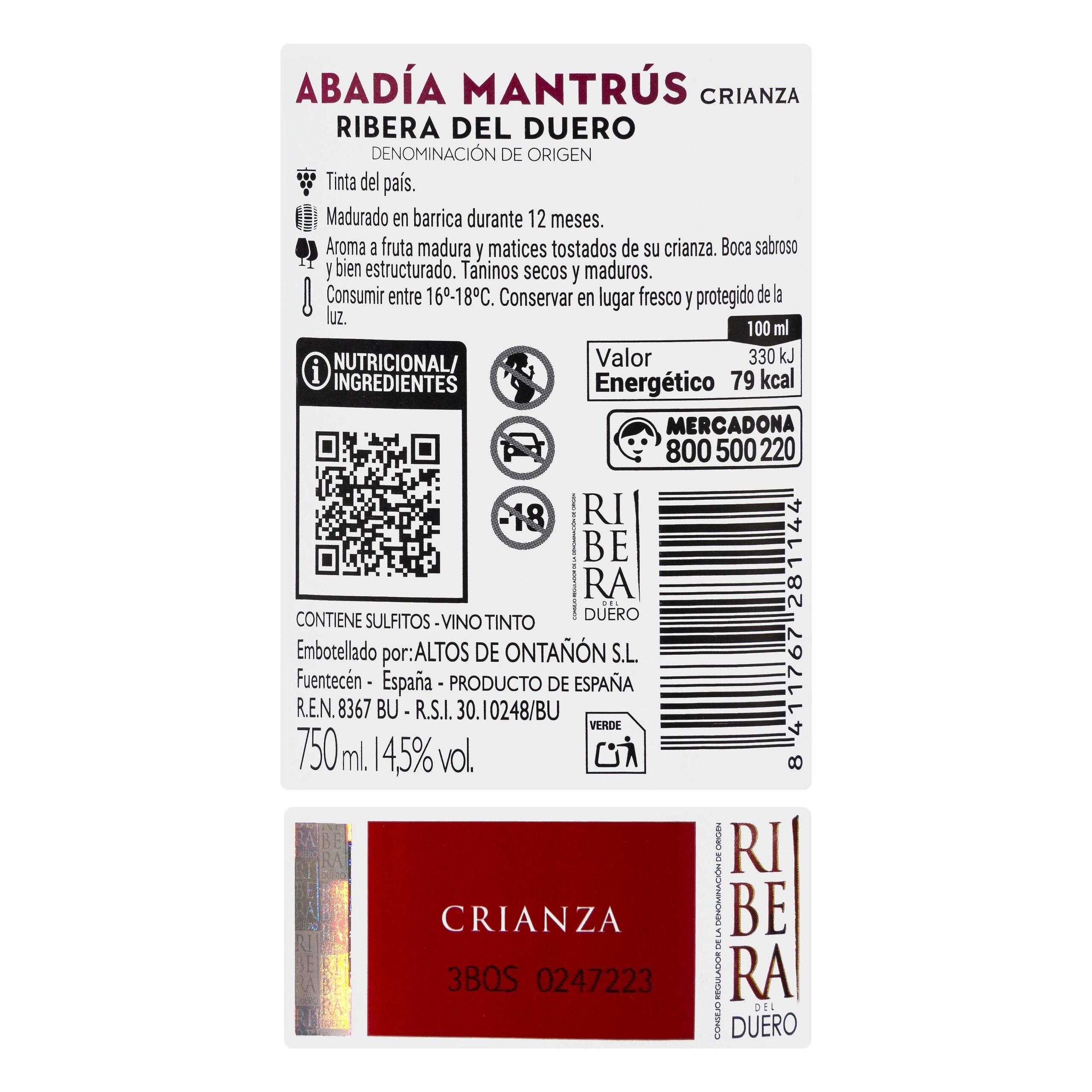 Etiqueta Vino tinto D.O Ribera del Duero Abadía Mantrús crianza