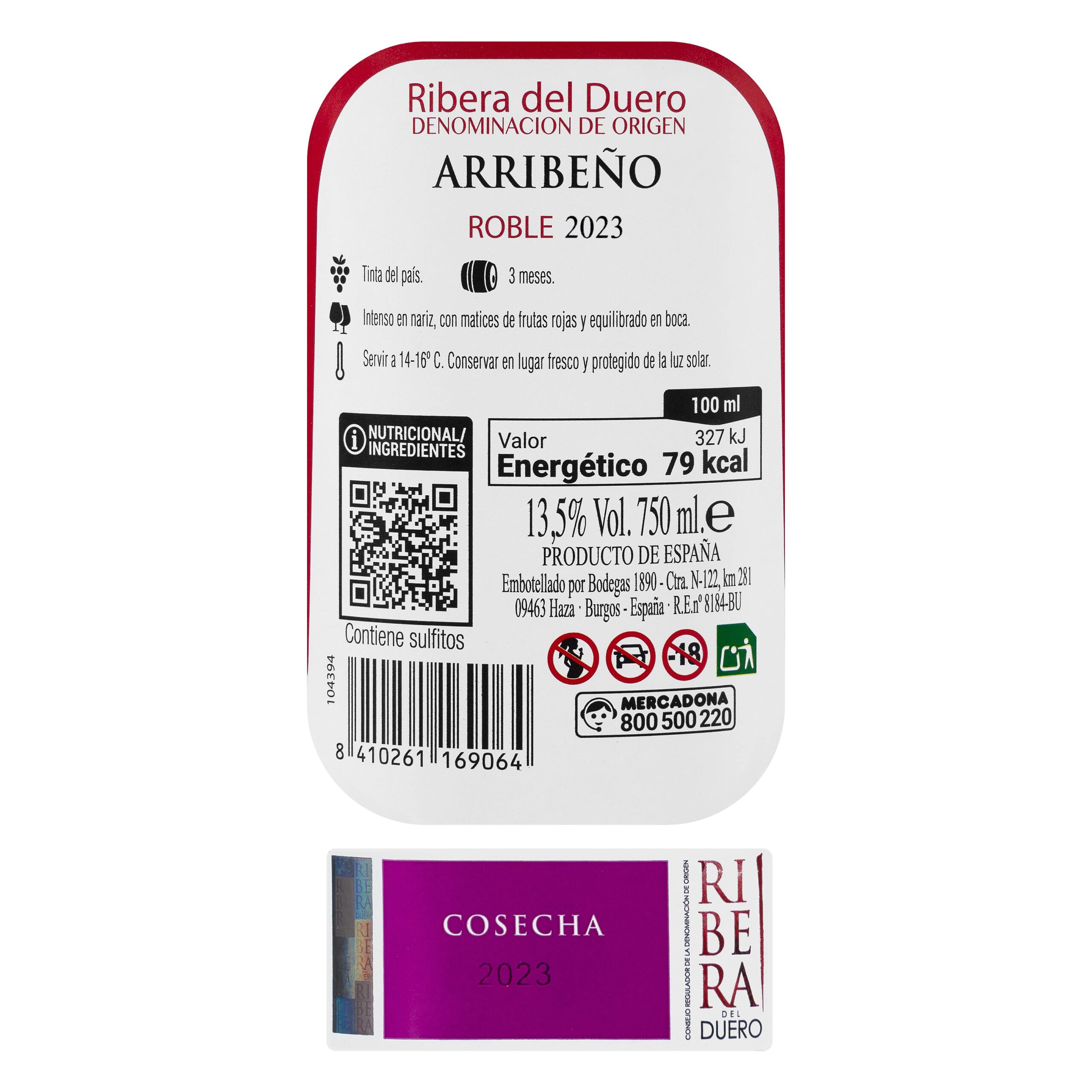 Etiqueta Vino tinto D.O Ribera del Duero Arribeño roble