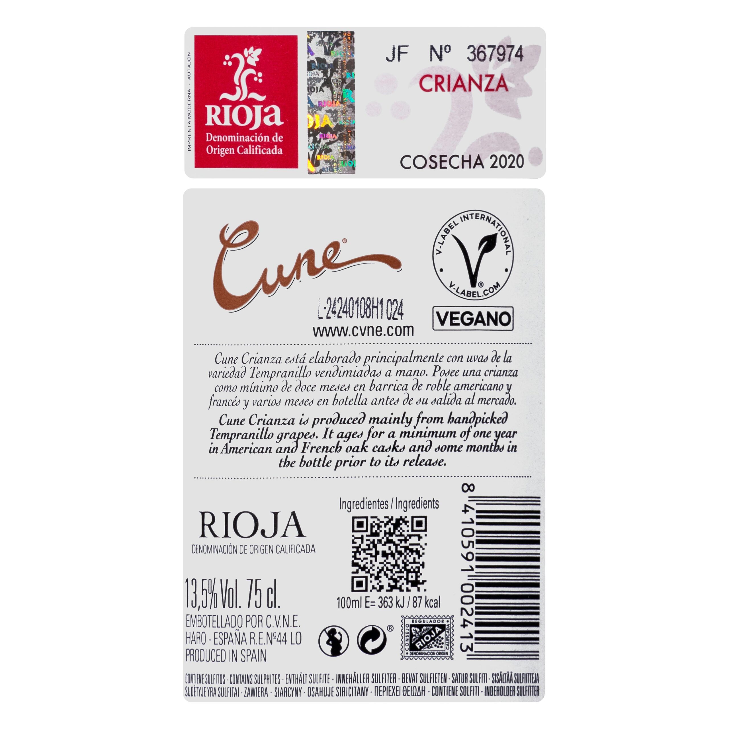 Etiqueta Vino tinto D.O Rioja Cune crianza