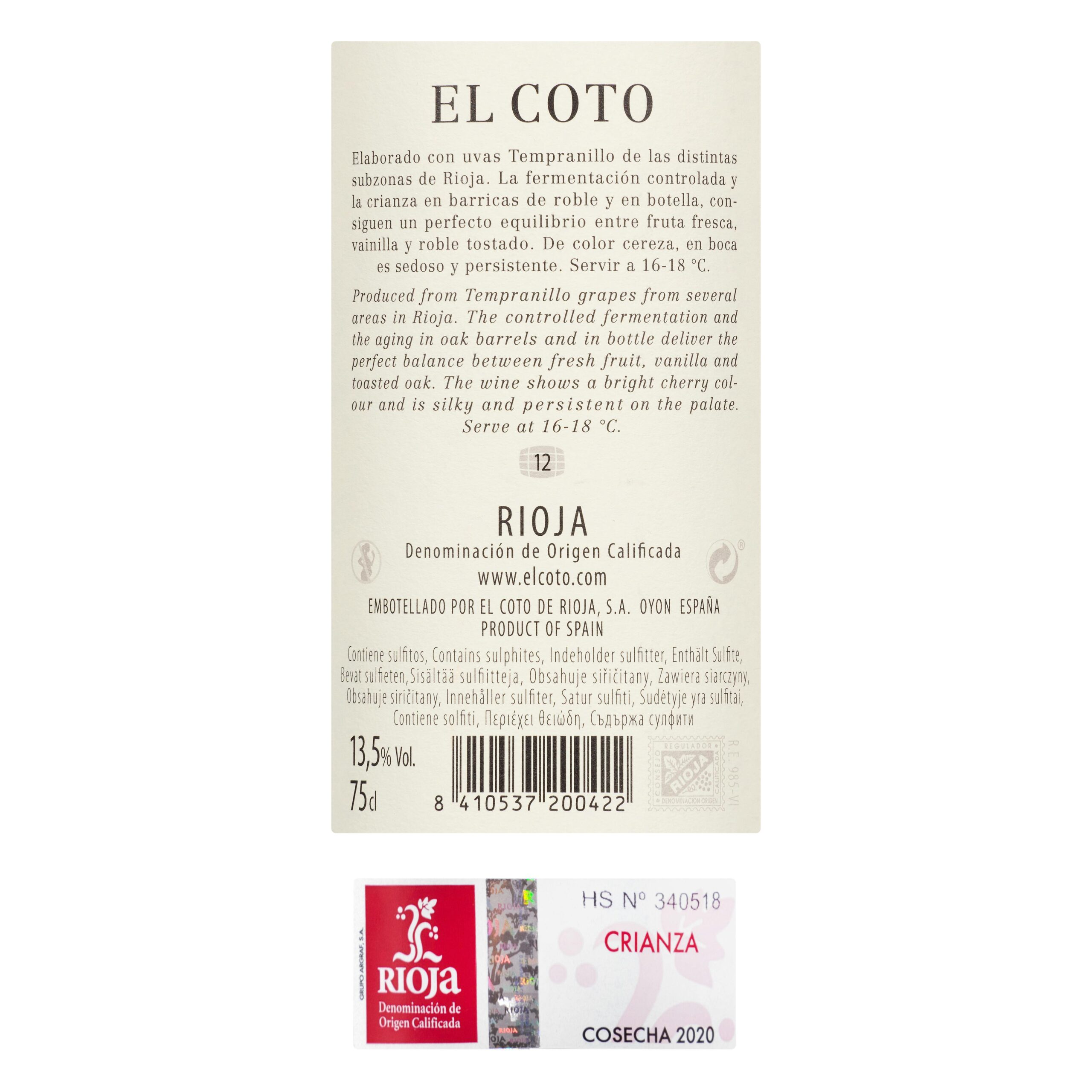 Etiqueta Vino tinto D.O Rioja El Coto crianza