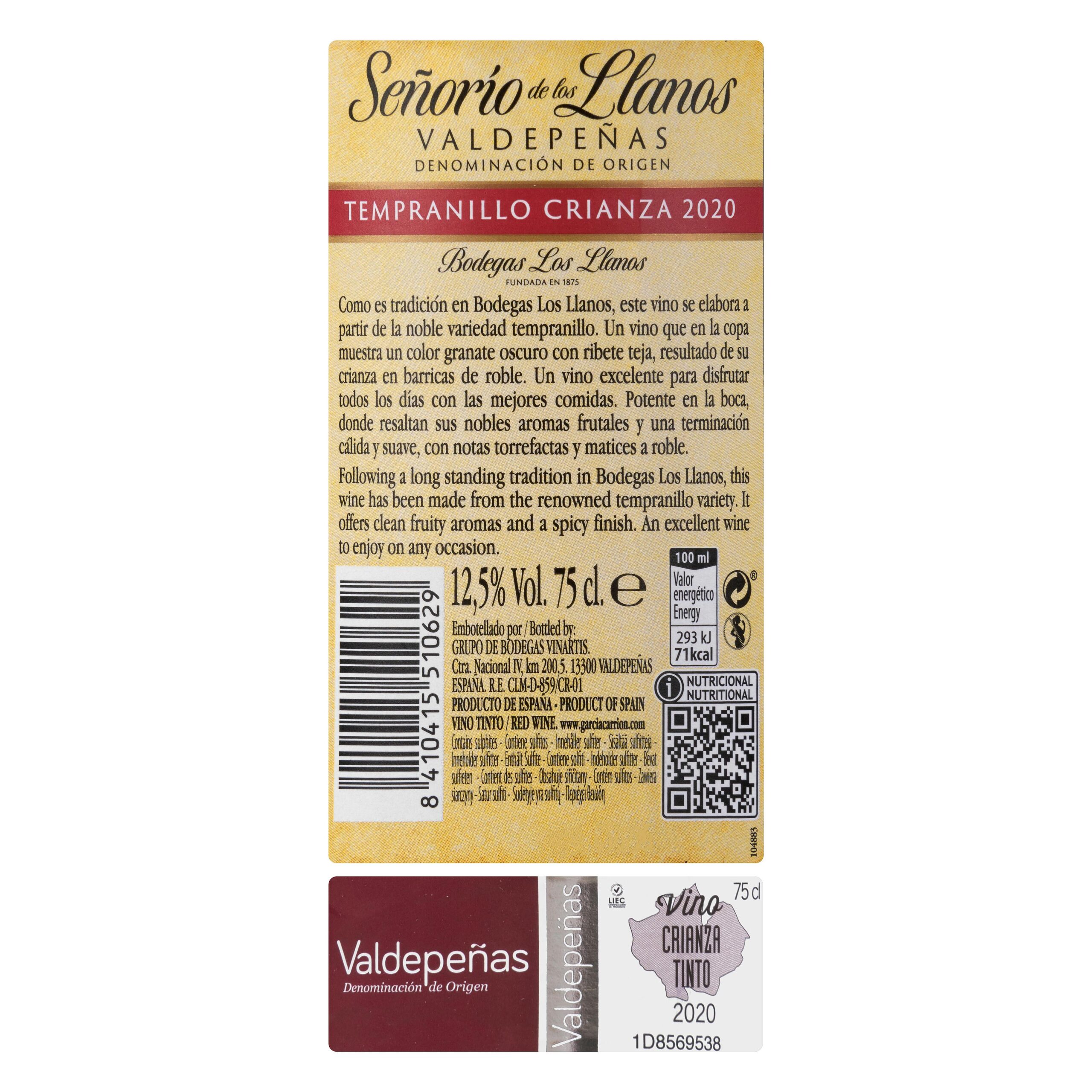 Etiqueta Vino tinto D.O Valdepeñas Señorío de los Llanos crianza