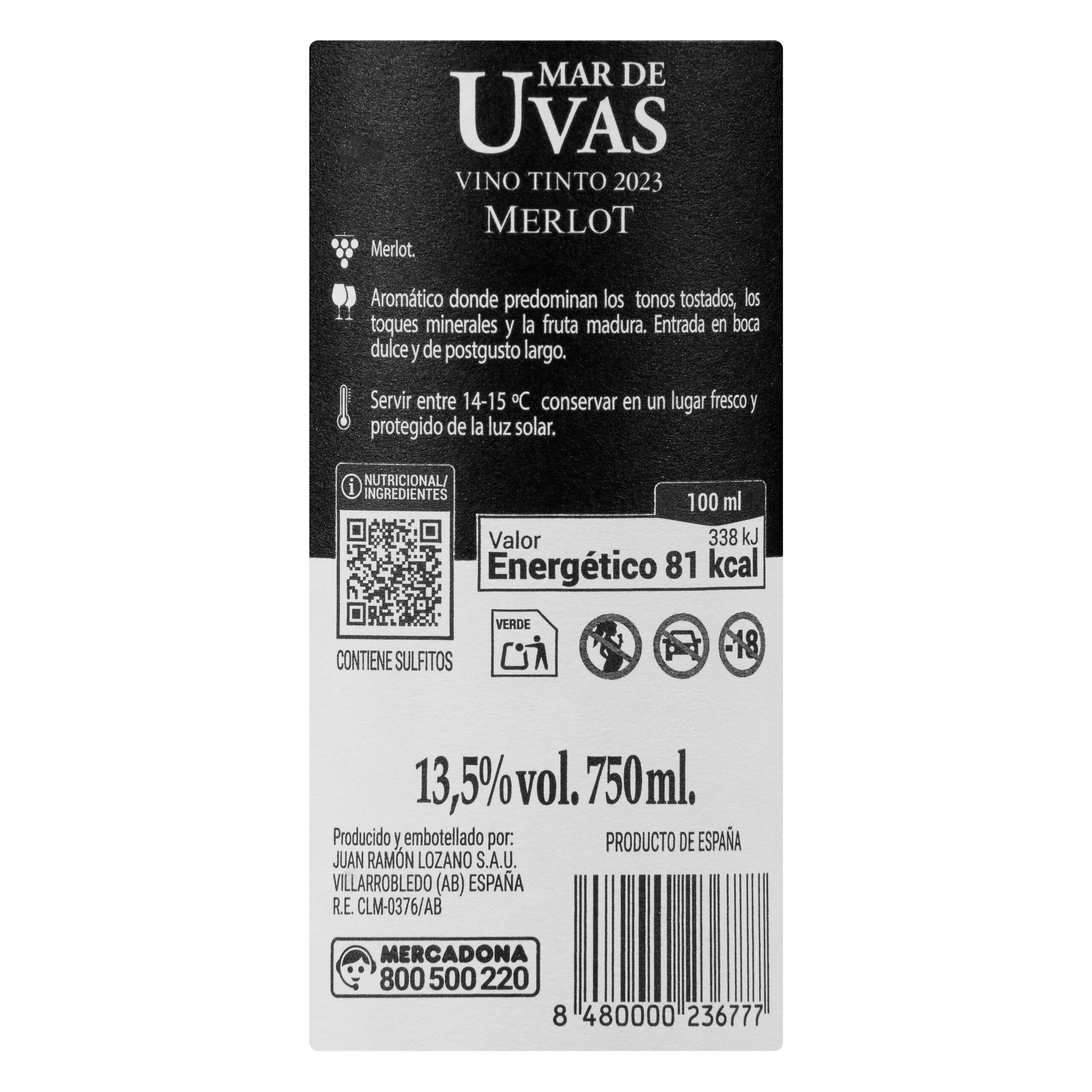 Etiqueta Vino tinto Merlot Mar de Uvas