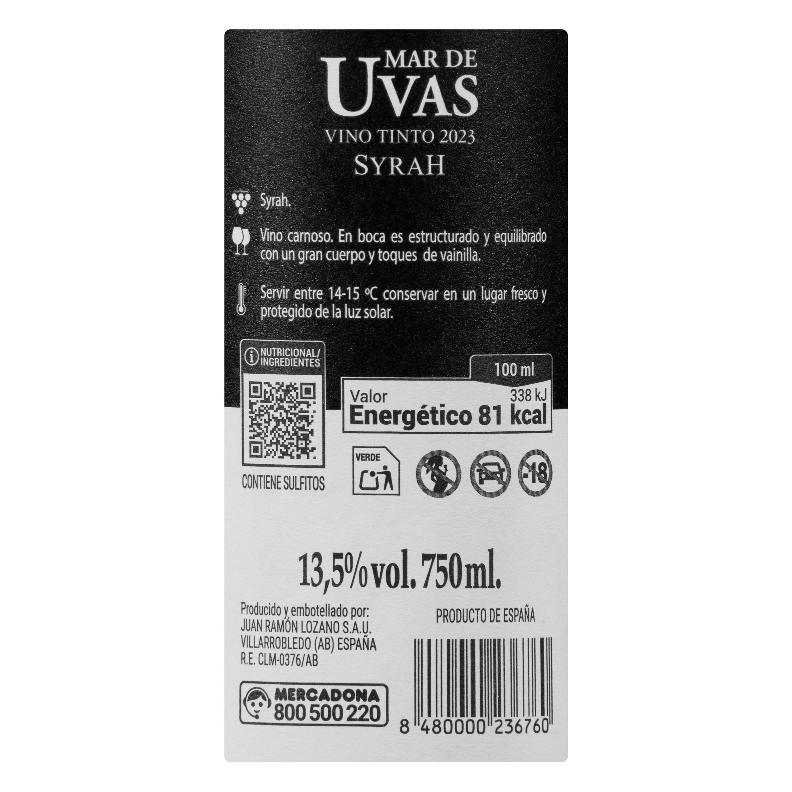 Etiqueta Vino tinto Syrah Mar de Uvas