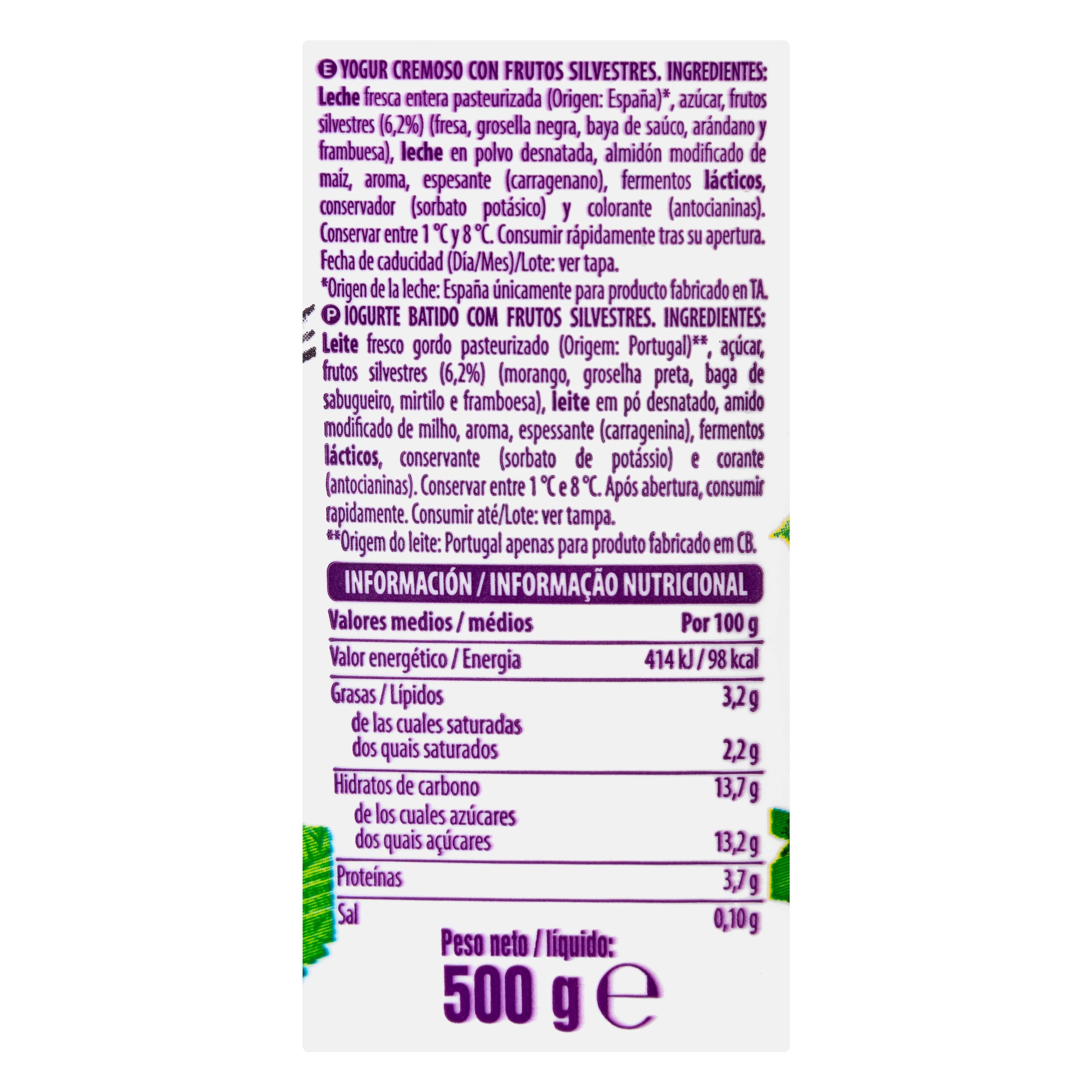 Etiqueta Yogur cremoso Hacendado con frutos silvestres