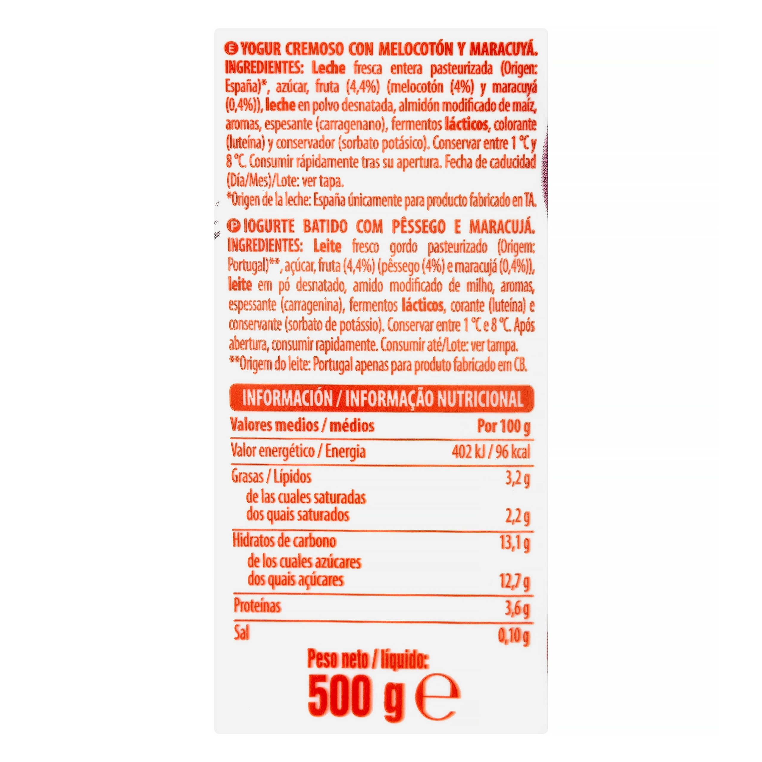 Etiqueta Yogur cremoso Hacendado con melocotón y maracuya