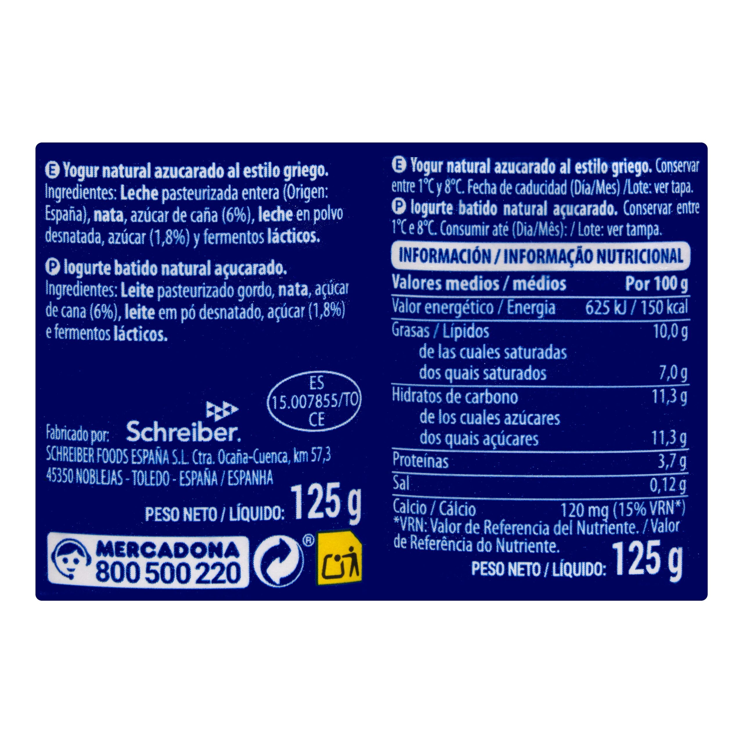 Etiqueta Yogur griego natural Hacendado con azúcar de caña