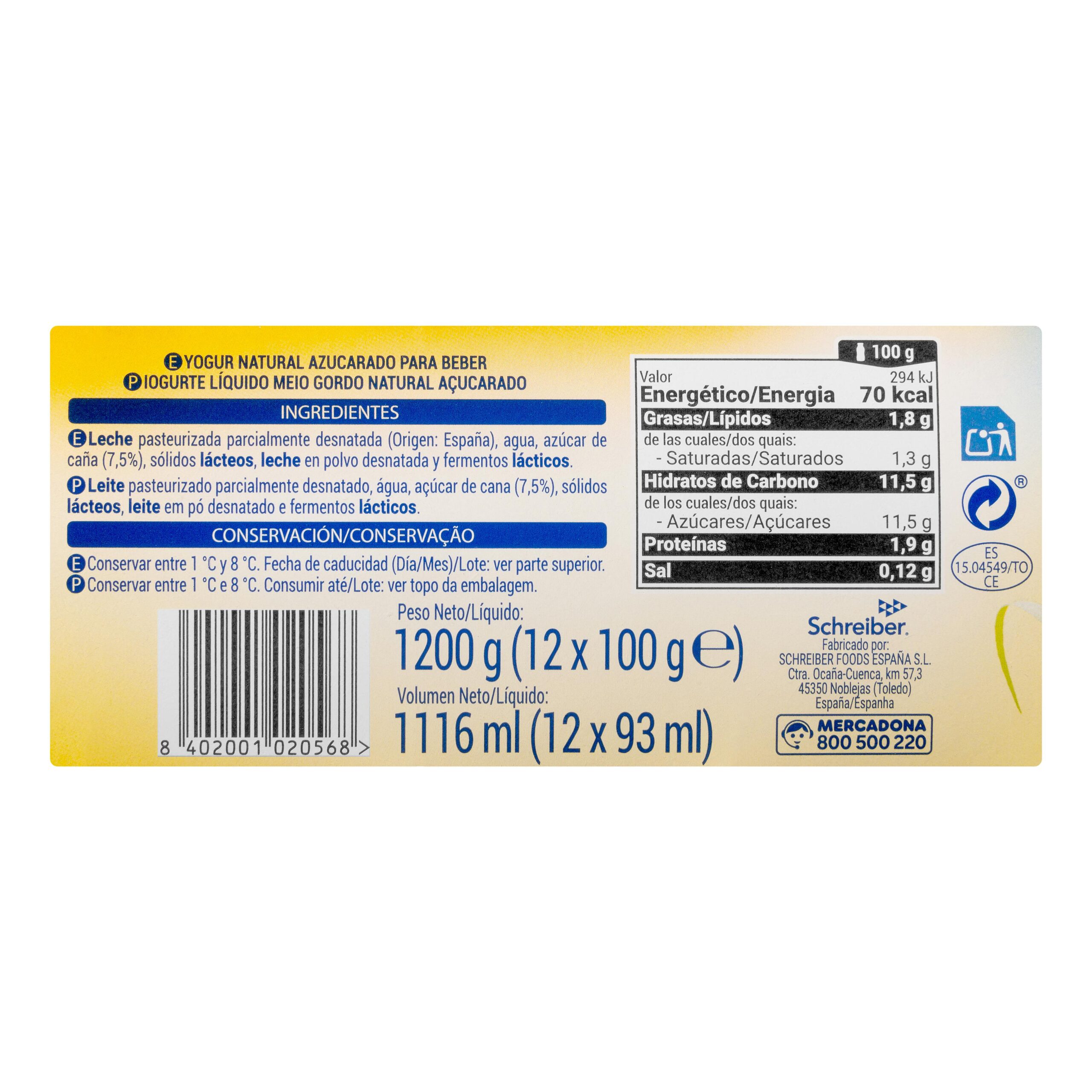 Etiqueta Yogur líquido natural Hacendado con azúcar de caña