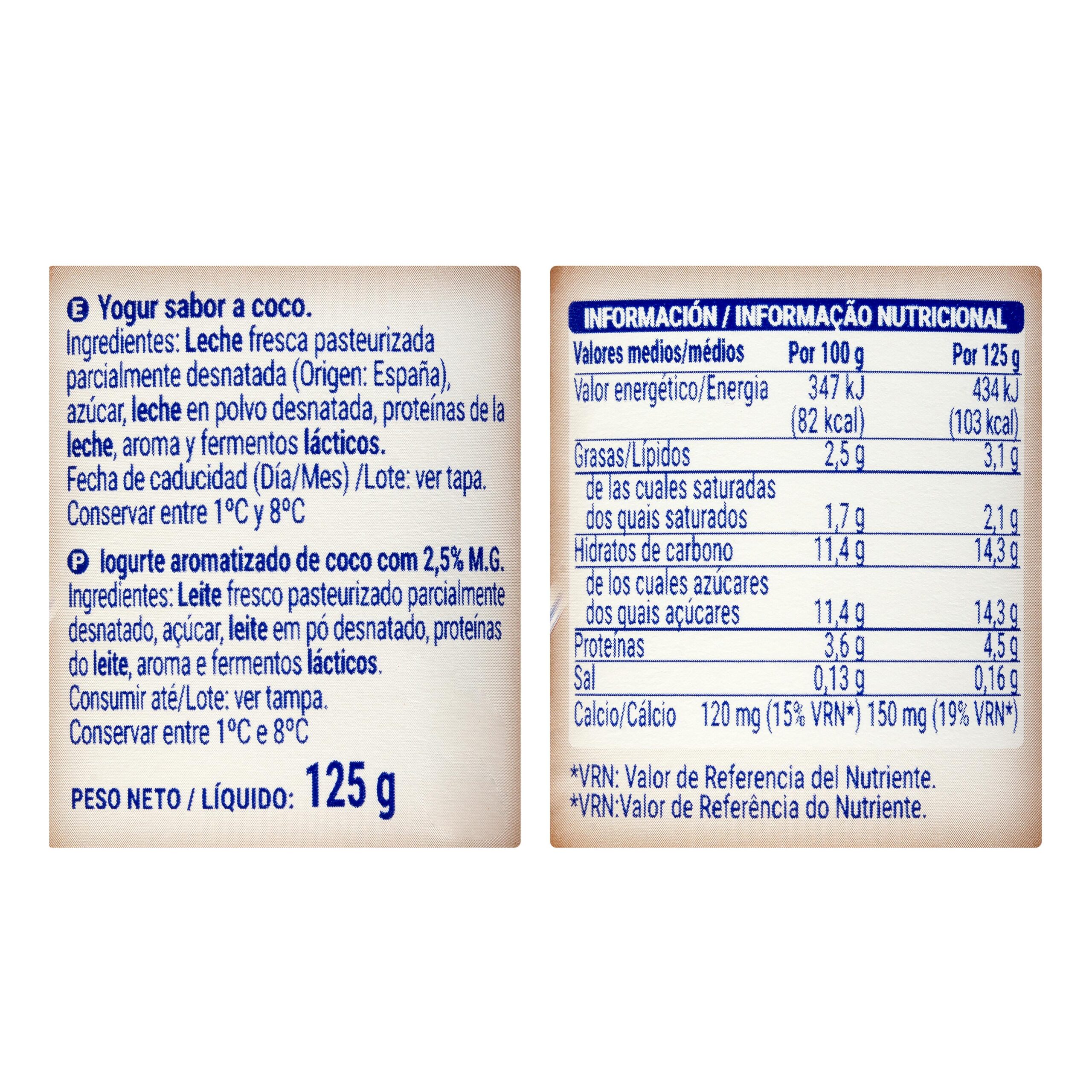Etiqueta Yogur sabor coco Hacendado