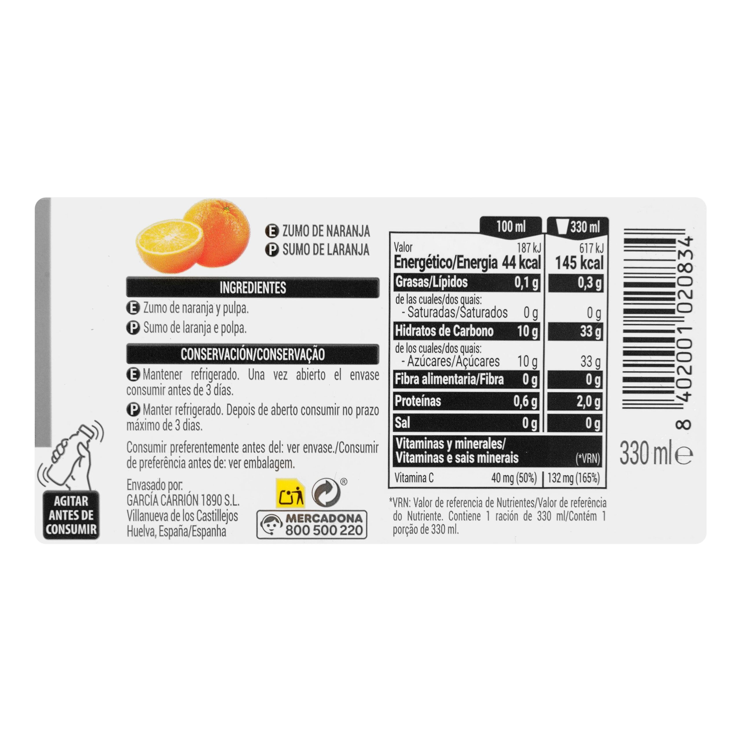 Etiqueta Zumo de naranja Hacendado