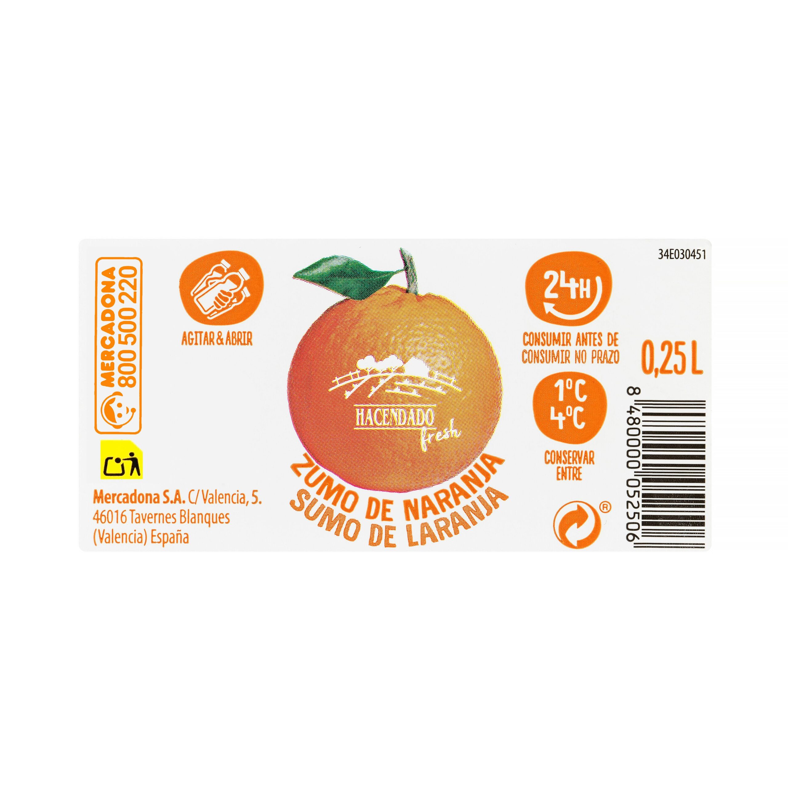 Etiqueta Zumo de naranja recién exprimido Hacendado
